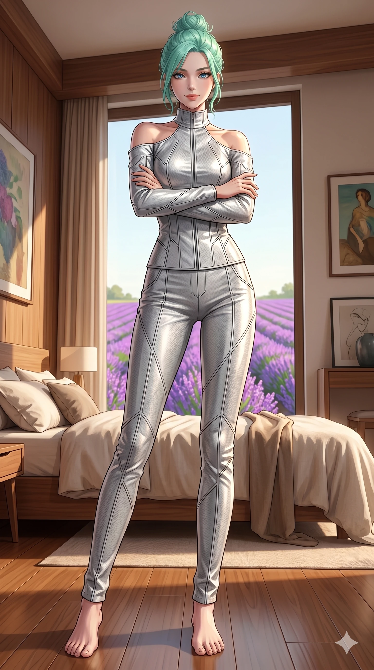 score_9, masterpiece, best quality, ultra-detailed, high-budget anime keyframe, editorial fashion photography, tasteful artistic composition, Japanese woman. low angle full-body shot from head to toe showing her feet, filling the entire 9:16 vertical frame with her statuesque presence, stretching her vertical silhouette. crossing her arms and leaning back, casting a cool, bedroom-eyes smile inside a private sunlit bedroom overlooking a field of purple lavender (Code-P18-059). She has an absolutely perfect 8-heads proportion, an exceptionally tall and slender female figure with impossibly long slender legs and an ultra-slim waist. V-shaped jawline, high-bridge nose, intricate jewel-like eyes with depth, thick eyelashes, glossy lips with a natural sheen. wearing a futuristic high-neck silver jacket with long trousers. drenched in soft morning sunshine, tracing her bare shoulders and clavicle lines. 2k, ultra detail, master piece, 9:16 ratio