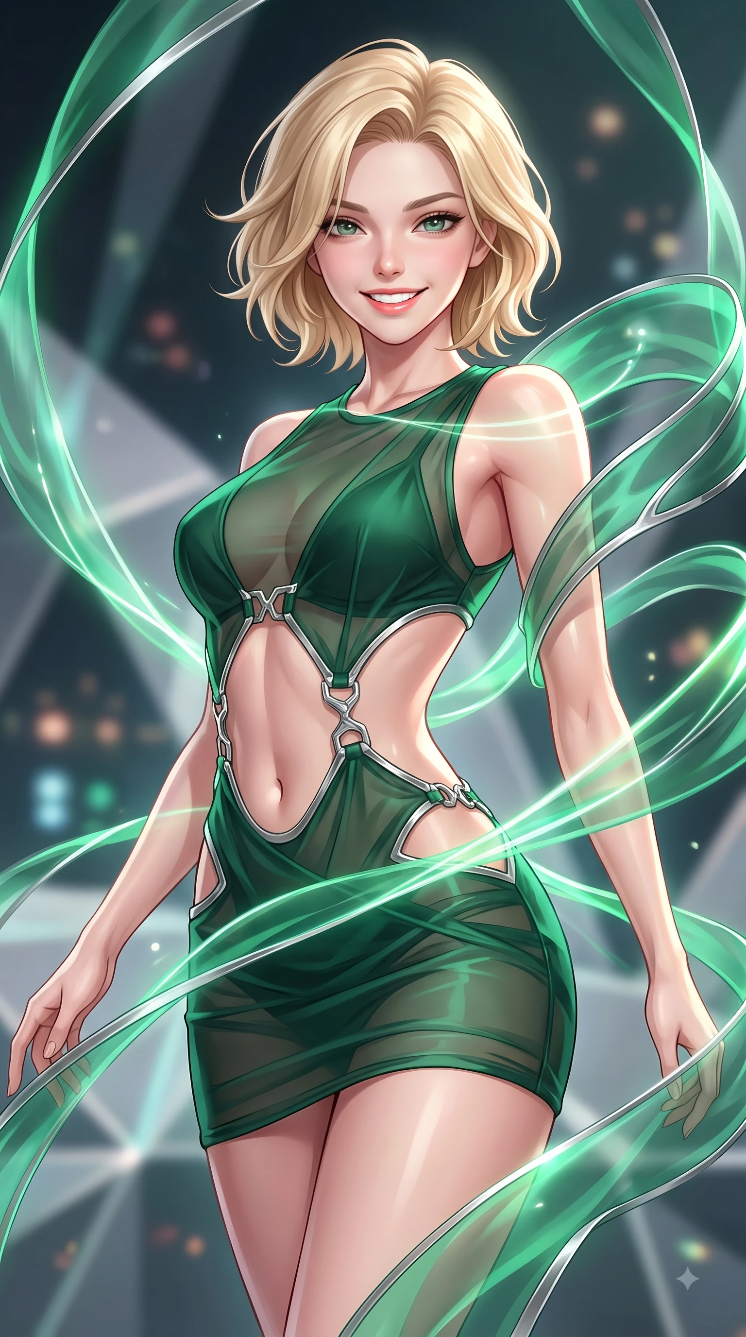score_9, masterpiece, best quality, ultra-detailed, high-budget anime keyframe, editorial fashion photography, tasteful artistic composition, Caucasian woman. close-up cowboy shot from the waist and thighs up, the character dominates the composition, filling the frame with her large presence, background elements kept in soft focus. Radiant bright smile with sparkling eyes directed right into the lens, her torso turning in a dynamic S-curve alignment while pivoting her torso in a dynamic S-curve alignment as light threads pulse with happiness, translucent silk ribbons swirling around her figure like bright streams. She has an exceptionally elegant, slender, and willowy female figure with an ultra-slim waist, a gracefully sculpted slender torso, and a refined silhouette. sharp v-shaped jawline, high-bridge nose, intricate jewel-like eyes with depth, thick eyelashes, glossy lips with a natural sheen, flawlessly proportioned anatomical accuracy, natural body alignment, perfectly sculpted elegant limbs, clean dynamic posture without body distortion. wearing a dramatic open-waist cutout mini dress framed by sculptural hardware in deep emerald green and silver accent, woven from fine semi-opaque sheer organza, featuring subtle geometric cutouts that highlight her ultra-slim midriff, the form-contouring material highlighting her ultra-slim waist and long lines. bathed in sharp geometric laser grid highlights and soft airy ambient fill. highly saturated vibrant anime colors, detailed shading with soft gradients, rich glossy textures, high-contrast stereoscopic depth, volumetric dynamic lighting, master piece, 9:16 ratio