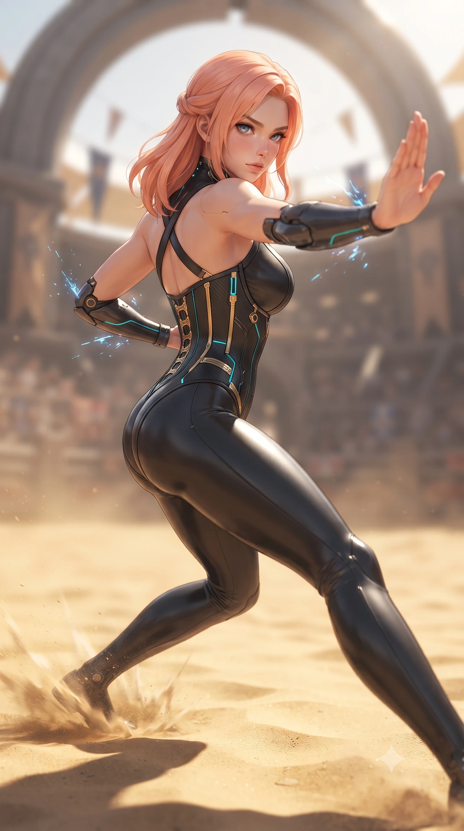 score_9, masterpiece, best quality, ultra-detailed, high-budget anime keyframe, editorial fashion photography, tasteful artistic composition, Japanese woman. close-up cowboy shot from the waist and thighs up, the character dominates the composition, filling the frame with her large presence. twisting her upper body in a dynamic S-curve martial arts stance, cybernetic elbow dampers emitting subtle electric sparks as she aims a focused palm strike while pivoting dynamically as her heel strikes the arena ground, sending a shockwave ripple through the sunlit golden sand. The composition keeps background elements in soft focus with creamy bokeh. massive arena titanium arches and banner pennants softened in dramatic shallow depth of field. She has an exceptionally elegant, slender, and willowy female figure with an ultra-slim waist, a gracefully sculpted slender torso, toned flat midriff, and a refined slim silhouette. sharp v-shaped jawline, high-bridge nose, intricate jewel-like eyes with depth, thick eyelashes, glossy lips with a natural sheen, flawlessly proportioned anatomical accuracy, strict slender model proportions, natural body alignment, perfectly sculpted long slender limbs, ultra-slim waistline, clean dynamic posture without body distortion. wearing a precision-tailored high-fashion carbon-fiber corset bodysuit with gold mechanical rib boning and kinetic shock-dampening palms in matte obsidian carbon black with electric cyan conduits, made of liquid carbon-jersey fabric adhering flawlessly to her sculpted silhouette, complemented by criss-cross back harness straps highlighting her completely bare spine, the sleek second-skin cut tightly hugging her graceful clavicle, narrow waist, and feminine curves with athletic precision. bathed in brilliant midday desert sunshine and warm golden sand surface reflections. ultra-reflective glossy finish, specular highlights, dark metallic sheen, high-contrast stereoscopic depth, volumetric dynamic lighting, 2k, ultra detail, master piece, 9:16 ratio