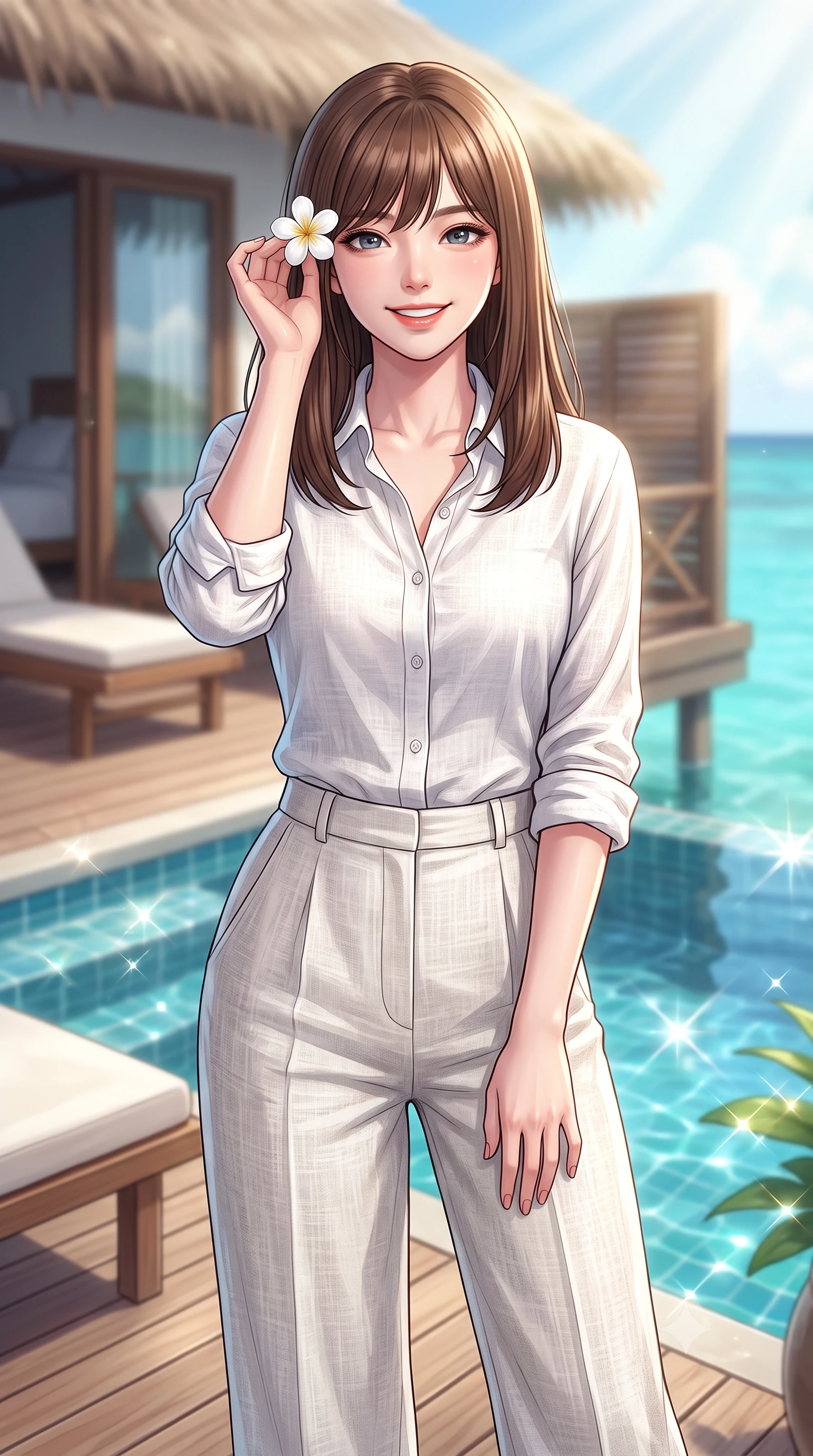 score_9, masterpiece, best quality, ultra-detailed, high-budget anime keyframe, editorial fashion photography, tasteful artistic composition, Korean woman. close-up cowboy shot from the waist and thighs up, the character dominates the composition, filling the frame with her large presence, background elements kept in soft focus. smiling with cute and bright self-assurance, looking directly at the viewer set against a soft-focus background of on a private wooden deck of a luxury resort villa overlooking a turquoise lagoon holding a delicate white flower behind her ear with a lovely, cheerful look. She has an exceptionally elegant, slender, and willowy female figure with an ultra-slim waist, a gracefully sculpted slender torso, and a refined silhouette. sharp v-shaped jawline, high-bridge nose, intricate jewel-like eyes with depth, thick eyelashes, glossy lips with a natural sheen. wearing slim-fit casual resort wear linen shirt in white, paired with wide-leg linen pants. fresh morning sun rays creating sparkling glints on the blue pool water. highly saturated vibrant anime colors, detailed shading with soft gradients, rich glossy textures, high-contrast stereoscopic depth, volumetric dynamic lighting, master piece, 9:16 ratio