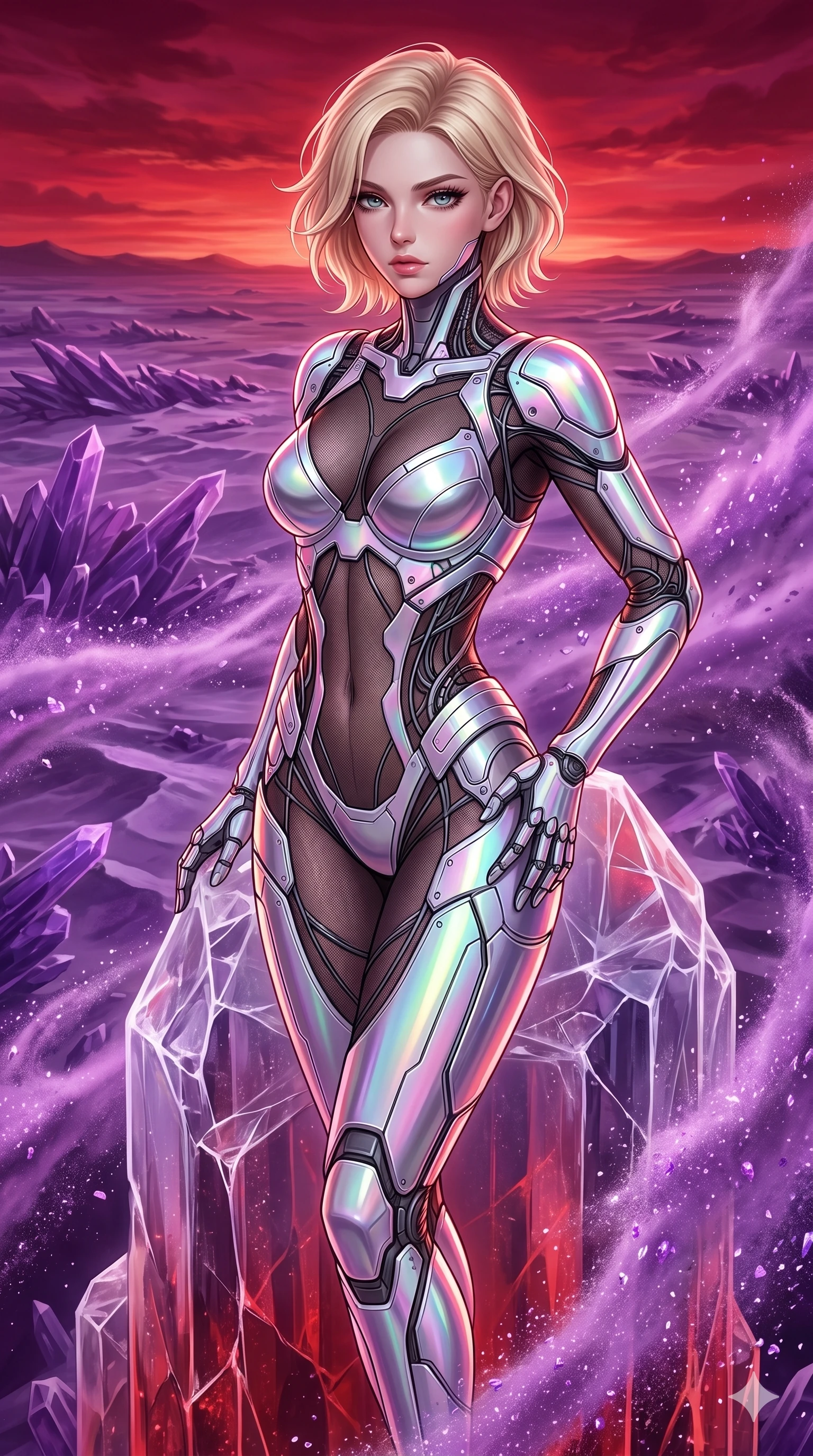 score_9, masterpiece, best quality, ultra-detailed, high-budget anime keyframe, Caucasian woman, strictly human ears. upper body close-up from the thighs up, character filling the screen for maximum presence. standing atop a transparent salt crystal tower in a purple crystalline desert as winds blow shimmering purple dust under a crimson sunset. She has an absolutely perfect 8-heads proportion, an exceptionally tall and slender female figure with impossibly long slender legs and an ultra-slim waist. V-shaped jawline, high-bridge nose, intricate jewel-like eyes with depth, thick eyelashes, glossy lips with a natural sheen.. wearing a bionic chrome plate bodysuit, featuring silver chrome plates covering the bust and hips, connected by sheer black mesh panels. enhanced by a luminous pastel spectrum glow, casting elegant rim lights on her shoulders and jawline. 2k, ultra detail, master piece, 9:16 ratio