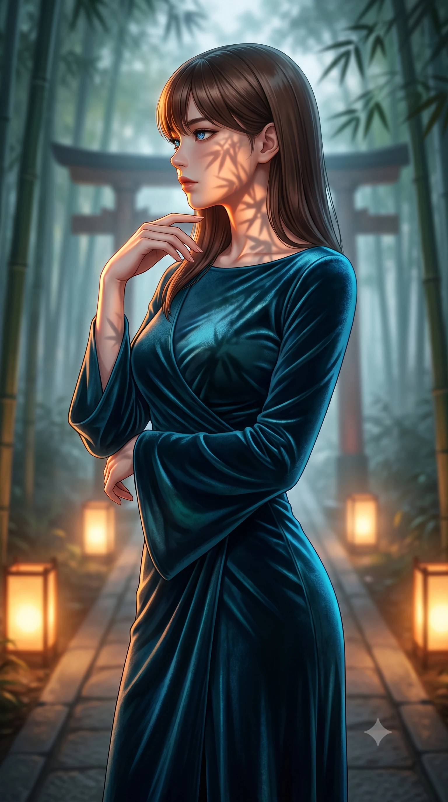score_9, masterpiece, best quality, ultra-detailed, high-budget anime keyframe, editorial fashion photography, tasteful artistic composition, Korean woman woman. close-up cowboy shot from the waist and thighs up, the character dominates the composition, filling the frame with her large presence, background elements kept in soft focus. She has an exceptionally elegant, slender, and willowy female figure with an ultra-slim waist, a gracefully sculpted slender torso, and a refined silhouette. turning her head in a sharp dramatic profile against the key light, her eyes glowing with calm focus, flawlessly proportioned anatomical accuracy, natural body alignment, perfectly sculpted elegant limbs, clean dynamic posture without body distortion. set against a soft-focus background of a misty bamboo torii shrine path with glowing paper lanterns. wearing a luxurious velvet wrap gown with long bell sleeves and a modest boat neckline. bathed in warm amber lantern light casting soft organic bamboo leaf stencil shadows. highly saturated vibrant anime colors, detailed shading with soft gradients, rich glossy textures, high-contrast stereoscopic depth, volumetric dynamic lighting, master piece, 9:16 ratio