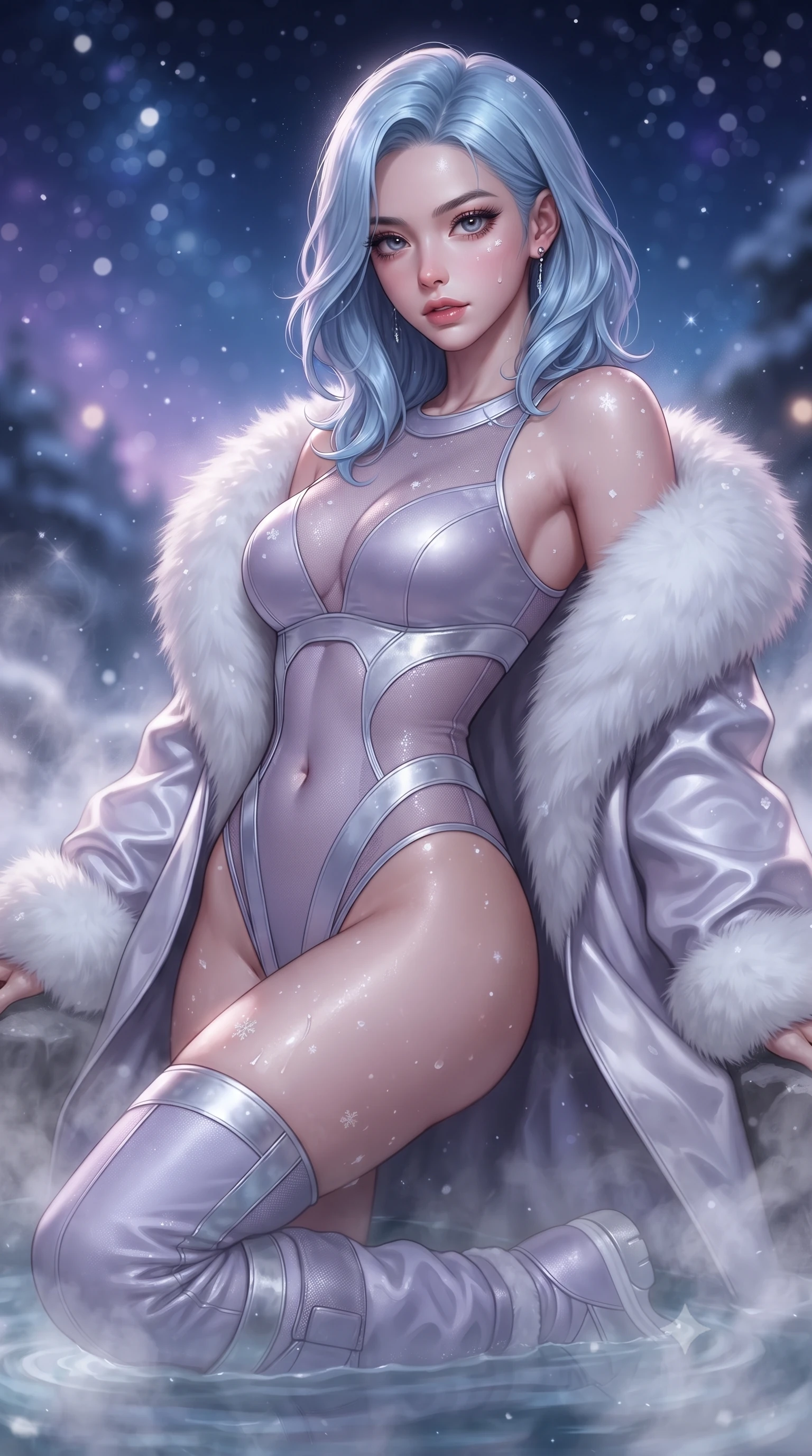 score_9, masterpiece, best quality, ultra-detailed, high-budget anime keyframe, editorial fashion photography, tasteful artistic composition, Korean woman. close-up cowboy shot from the waist and thighs up, the character dominates the composition, filling the frame with her large presence. leaning back with relaxed seductive grace, her sculpted collarbones highlighted by light, casting smoldering bedroom-eyes directly into the lens while wading through the steaming thermal mineral pool, arching her spine in pure pleasure as snowflakes melt on her glowing skin. The composition keeps background elements in soft focus with creamy bokeh. rising thermal steam swirls and starry alpine night skies blurred into deep sapphire, amethyst, and pearl-white bokeh. She has an exceptionally elegant, slender, and willowy female figure with an ultra-slim waist, a gracefully sculpted slender torso, toned flat midriff, and a refined slim silhouette. sharp v-shaped jawline, high-bridge nose, intricate jewel-like eyes with depth, thick eyelashes, glossy parted lips with a natural sheen, intensely captivating and seductive expression, flawlessly proportioned anatomical accuracy, strict slender model proportions, natural body alignment, perfectly sculpted long slender limbs, ultra-slim waistline, clean dynamic posture without body distortion. wearing a cutout polar techwear bodysuit with sheer thermal mesh panels and snow gaiter boots in frosted lavender mist and metallic silver, made of liquid-smooth silk satin layered under plush faux-shearling fur, complemented by an opulent white fox-fur stole draped loosely over her shoulders, the sweeping couture drape swaying majestically with her steps, accentuating her tall statuesque limbs and slender waistline. surrounded by an intimate, tranquil, and deeply sensual mountain onsen muse aura. ultra-reflective glossy finish, specular highlights, rich textural contrasts, high-contrast stereoscopic depth, volumetric dynamic lighting, 2k, ultra detail, master piece, 9:16 ratio