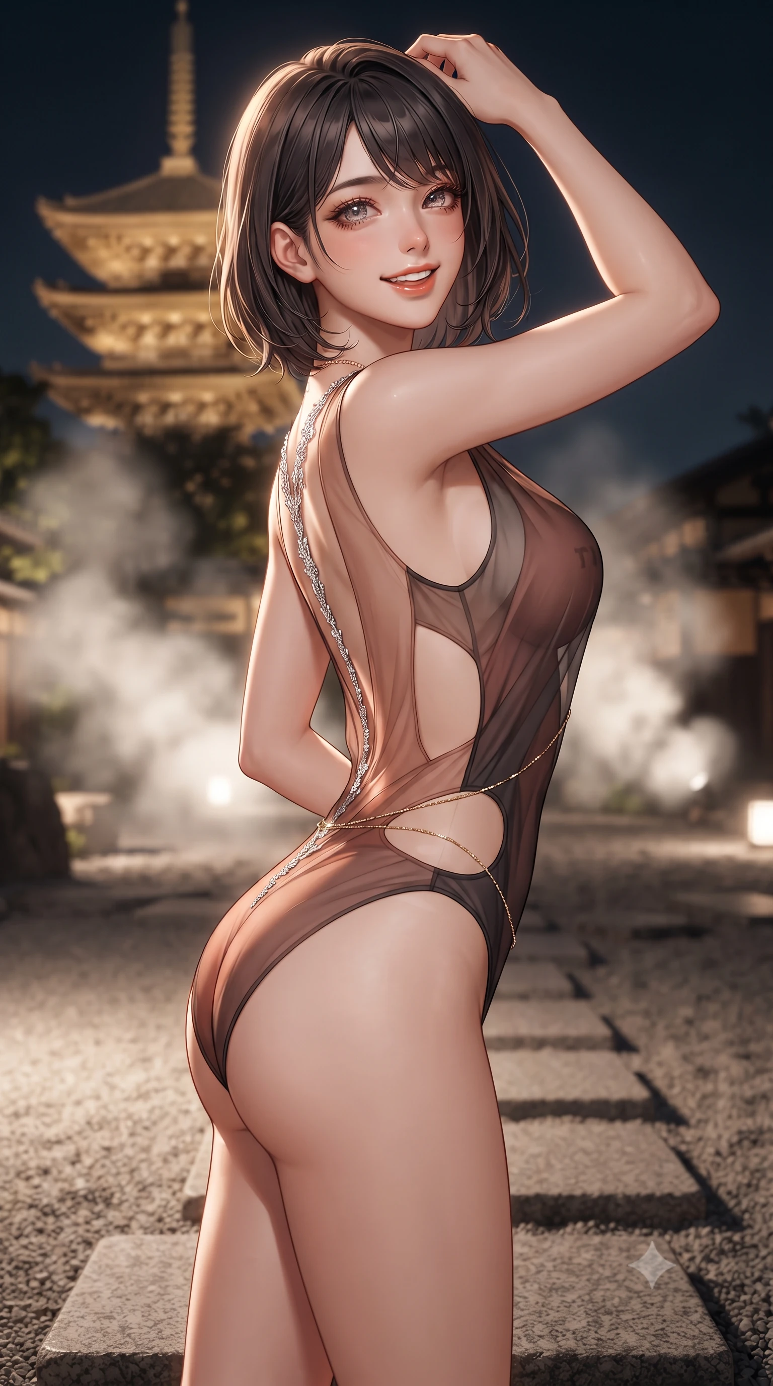 score_9, masterpiece, best quality, ultra-detailed, high-budget anime keyframe, editorial fashion photography, tasteful artistic composition, Japanese woman. close-up cowboy shot from the waist and thighs up, the character dominates the composition, filling the frame with her large presence. perched sideways on the lounge seat, one knee drawn up to showcase her slender leg line while her arched back accentuates her feminine hip curve while standing poised on the polished granite stepping stones in the dry landscape garden, arching her back with siren allure as illuminated Yasaka Pagoda towers in the distance. The background shows a soft-focus billowing thermal steam softened in private Higashiyama Zen estate shallow focus. She has an exceptionally elegant, slender, and willowy female figure with an ultra-slim waist, flat toned midriff, narrow ribcage, and sculpted feminine hips creating an alluring, slim hourglass silhouette without bulk. sharp v-shaped jawline, high-bridge nose, intricate jewel-like sparkling eyes with depth, thick eyelashes, glossy parted lips with a natural peach sheen, bright cheerful beaming smile with an enchanting and coquettish sensual glint, exuding both youthful cute charm and seductive allure, flawlessly proportioned anatomical accuracy, strict slender model proportions, natural body alignment, perfectly sculpted long slender limbs, ultra-slim waistline, clean dynamic posture without body distortion. wearing an alluring backless sheer illusion mesh leotard with silver crystal flocking tracing her spine in Tribeca warm copper rose and espresso charcoal, made of sheer gossamer chiffon that drapes softly against skin with airy translucence, accented with a dainty gold belly chain resting across her flat midriff and curving hips, the precision-cut side openings and low-back scoop framing her graceful spine and the sensual sweep of her slim, toned hips. illuminated by raked gravel reflection bounce and sharp platinum-gold rim lights sculpting her features, flat midriff, and slender waist. ultra-reflective glossy finish, specular highlights, rich textural contrasts, high-contrast stereoscopic depth, volumetric dynamic lighting, 2k, ultra detail, master piece, 9:16 ratio