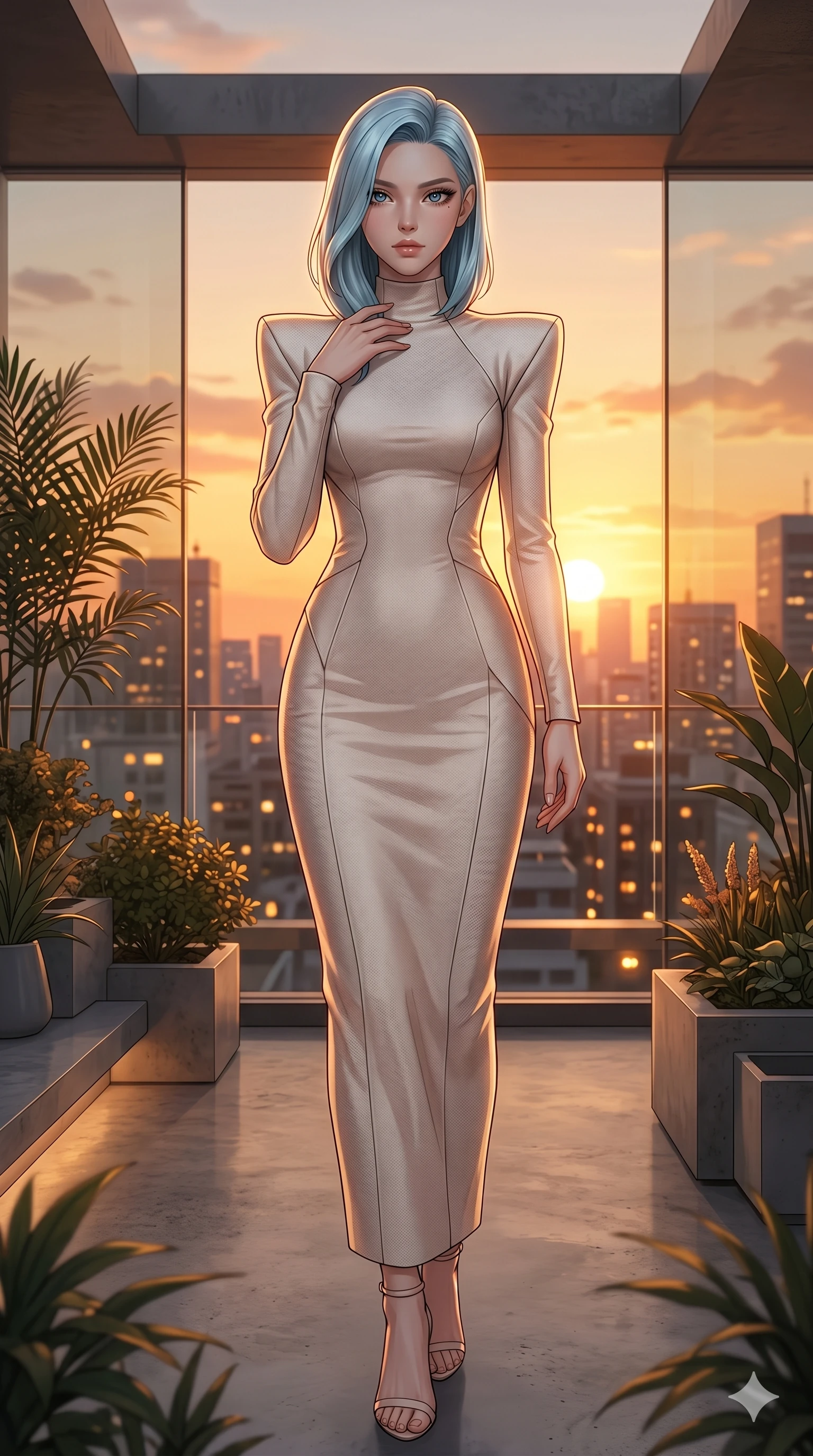 score_9, masterpiece, best quality, ultra-detailed, high-budget anime keyframe, editorial fashion photography, tasteful artistic composition, Korean woman. low angle full-body shot from head to toe showing her feet, filling the entire 9:16 vertical frame with her statuesque presence, stretching her vertical silhouette. gazing directly into the camera with quiet intensity, one hand gently tracing her collarbone line on a private rooftop garden at sunset with a warm city breeze (Code-P18-023). She has an absolutely perfect 8-heads proportion, an exceptionally tall and slender female figure with impossibly long slender legs and an ultra-slim waist. V-shaped jawline, high-bridge nose, intricate jewel-like eyes with depth, thick eyelashes, glossy lips with a natural sheen. wearing a modern high-neck high-fashion gown with long sleeves and structural shoulder pads. warm glowing city light filtering through the glass, outlining her V-shaped jawline. 2k, ultra detail, master piece, 9:16 ratio
