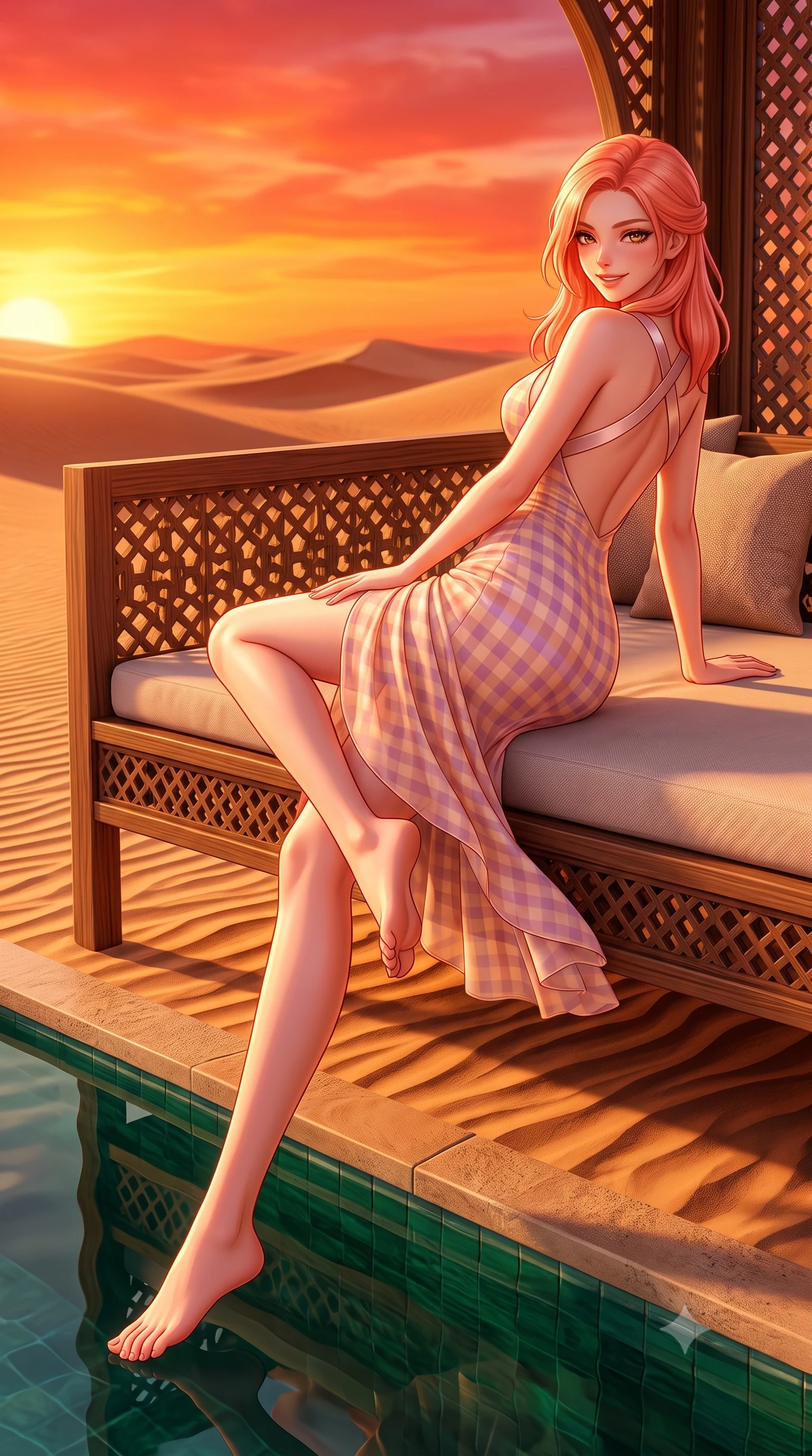 score_9, masterpiece, best quality, ultra-detailed, high-budget anime keyframe, semi-realistic 3D game render, editorial fashion photography, tasteful artistic composition, Japanese woman. low angle full-body shot from head to toe showing her feet, filling the entire 9:16 vertical frame with her statuesque presence, stretching her vertical silhouette. reclining languidly on her side across the outdoor daybed with one knee drawn up, her radiant smile and arched hip curve commanding the 9:16 vertical frame with youthful sensual charisma while standing on the edge of the desert infinity pool where emerald water meets endless golden sand dunes, arching her spine with sovereign majesty. The surrounding environment is rendered in vivid detail and crisp panoramic clarity. sharp wind-swept sand ridge patterns, geometric carved wood latticework, and still pool water reflections in deep focus. She has an exceptionally tall and slender model-like 8.5-heads proportion, an ultra-slim waist, a flat toned midriff, narrow delicate ribcage, and beautifully sculpted feminine hips creating a graceful, slim hourglass silhouette without any bulky heaviness, with impossibly long slender legs. sharp v-shaped jawline, high-bridge nose, sparkling amber-hazel eyes with depth, long lush eyelashes, glossy sun-kissed lips with a warm coral glaze, radiant teasing smile with sensual sunlit bedroom-eyes, exuding effortless old-money elegance and intoxicating sun-drenched allure, flawlessly proportioned anatomical accuracy, strict slender model proportions, natural body alignment, perfectly sculpted long slender limbs, ultra-slim waistline, clean dynamic posture without body distortion. wearing a backless lace-up gingham sundress in soft apricot with a form-fitting bodice and hip-defining silhouette in soft lavender violet and champagne shimmer, tailored from airy semi-sheer chiffon that flutters gently in the evening breeze, finished with criss-cross back satin straps highlighting her graceful shoulder blades, the liquid-tight tailored fabric clinging flawlessly to her narrow waist and rounded feminine hips, emphasizing every millimeter of her sculpted slim hourglass curves without any bulky heaviness. bathed in the intense molten-crimson and gold of the desert horizon sunset. highly saturated vibrant anime colors, detailed shading with soft gradients, rich glossy textures, high-contrast stereoscopic depth, volumetric dynamic lighting, master piece, 9:16 ratio