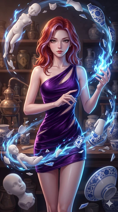 score_9, masterpiece, best quality, ultra-detailed, high-budget anime keyframe, Korean woman. upper body close-up from the thighs up, character filling the screen for maximum presence. assisting in an alchemical porcelain workshop where floating whit