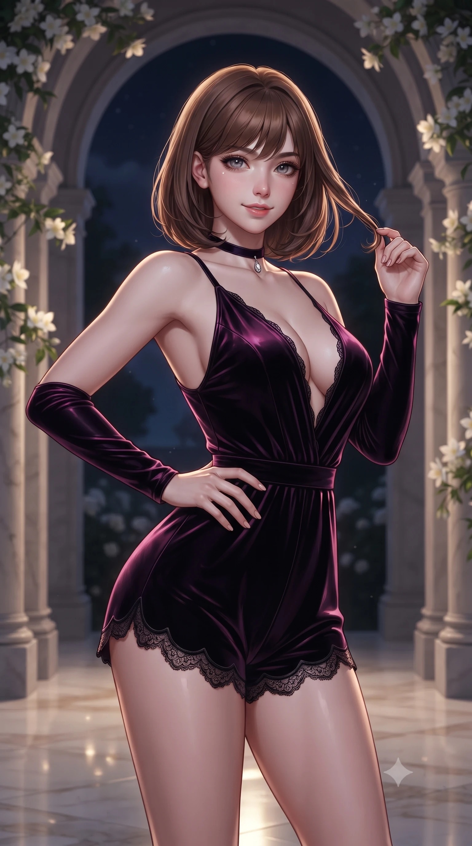 score_9, masterpiece, best quality, ultra-detailed, high-budget anime keyframe, editorial fashion photography, tasteful artistic composition, Caucasian woman. close-up cowboy shot from the waist and thighs up, the character dominates the composition, filling the frame with her large presence. twisting her slender torso in an alluring contrapposto stance, one hand resting on her sculpted hip while her fingers toy with her hair with effortless poise while standing framed inside the soaring classical stone archway, arching her lower back to accentuate her curvy hips as night breezes rustle the vines. The background shows a soft-focus trailing white jasmine flowers climbing the stone arches softened in romantic nocturnal Italian shallow focus. She has an exceptionally elegant, slender, and willowy female figure with an ultra-slim waist, flat toned midriff, narrow ribcage, and sculpted feminine hips creating an alluring, slim hourglass silhouette without bulk. sharp v-shaped jawline, high-bridge nose, sparkling eyes with hypnotic seductive depth, thick curled eyelashes, glossy parted lips with a natural dewy peach sheen, alluring bedroom-eyes with an enchanting coquettish smile, exuding magnetic siren charisma and sophisticated glamour, flawlessly proportioned anatomical accuracy, strict slender model proportions, natural body alignment, perfectly sculpted long slender limbs, ultra-slim waistline, clean dynamic posture without body distortion. wearing a plunge-neck stretch velvet romper with scalloped eyelash-lace hems and a cinched waist ribbon in wet-look onyx black with electric magenta reflections, tailored from ultra-plush velvet with rich tactile depth and deep shadow gradients, finished with a thin velvet ribbon choker and a single teardrop diamond pendant, the glove-like clinging cut tightly following the natural contour of her hips and long slender legs with youthful 8.5-heads elegance. illuminated by polished marble floor reflections and sharp platinum-gold rim lights defining her razor-sharp jawline, narrow waist, and curvy hips. ultra-reflective glossy finish, specular highlights, rich textural contrasts, high-contrast stereoscopic depth, volumetric dynamic lighting, 2k, ultra detail, master piece, 9:16 ratio