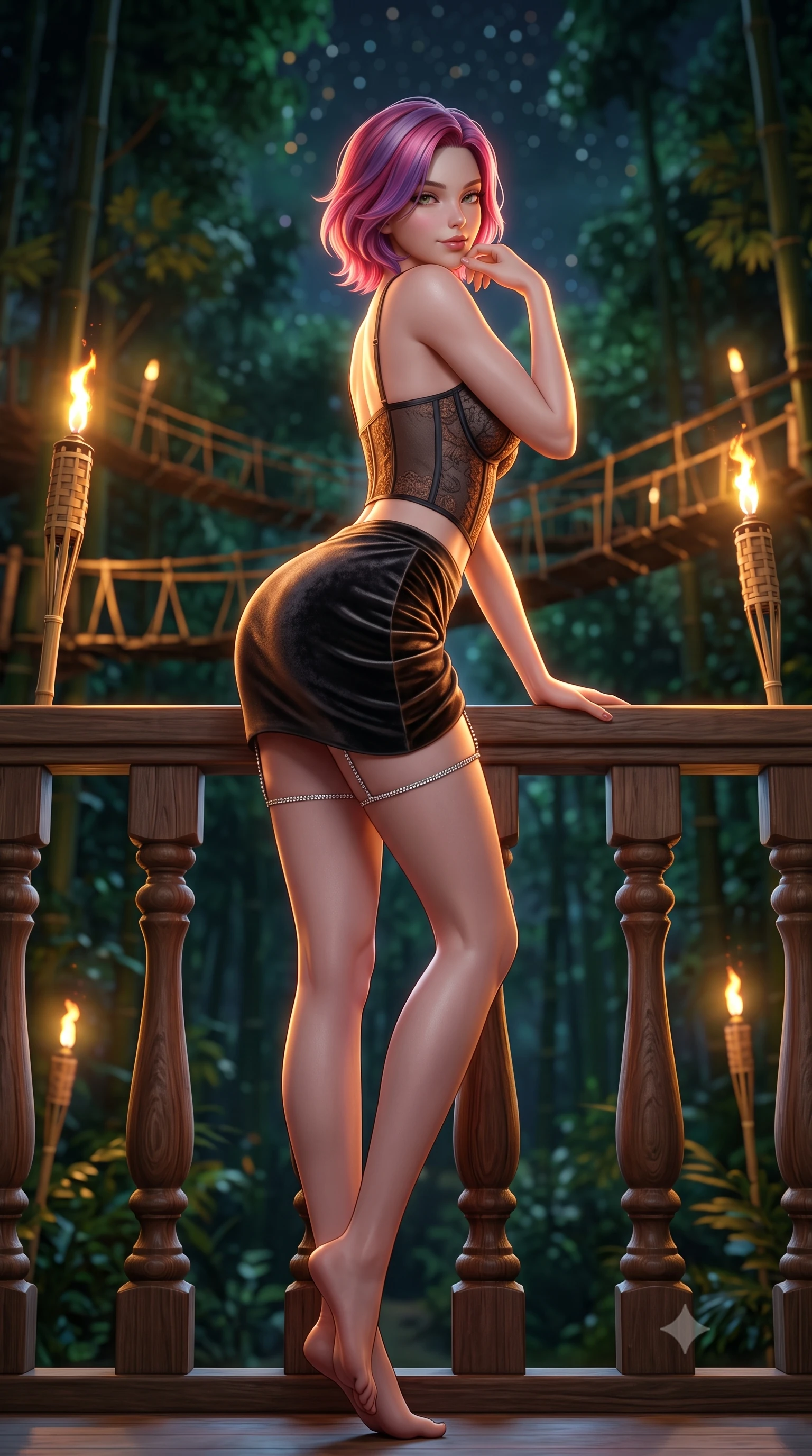 score_9, masterpiece, best quality, ultra-detailed, high-budget anime keyframe, semi-realistic 3D game render, editorial fashion photography, tasteful artistic composition, Caucasian woman. low angle full-body shot from head to toe showing her feet, filling the entire 9:16 vertical frame with her statuesque presence, stretching her vertical silhouette. leaning deep against the balcony balustrade with hips cocked back in an unapologetically alluring high-fashion stance, casting an intoxicating glance while twisting her slender torso in an alluring contrapposto stance, flickering bamboo torches and starlight sculpting highlights on her silhouette. The background shows a soft-focus towering rainforest canopy leaves rustling in night breeze, winding torch-lit bamboo suspension bridges, and starlit sky blurred into deep emerald, amber, and indigo bokeh. She has an absolutely perfect, statuesque 8.5-heads proportion, an exceptionally tall and slender model-like female figure with impossibly long slender legs, an ultra-slim waist, a flat toned midriff, narrow delicate ribcage, and beautifully sculpted feminine hips creating a graceful, slim hourglass silhouette without any bulky heaviness. sharp v-shaped jawline, high-bridge nose, sparkling eyes with hypnotic seductive depth, thick curled eyelashes, glossy parted lips with a natural dewy peach sheen, alluring bedroom-eyes with an enchanting coquettish smile, exuding magnetic siren charisma and sophisticated glamour, flawlessly proportioned anatomical accuracy, strict slender model proportions, natural body alignment, perfectly sculpted long slender limbs, ultra-slim waistline, clean dynamic posture without body distortion. wearing a sculpted underwire demi-bustier in semi-sheer lace paired with an ultra-short draped tulip skirt in Ayung volcanic charcoal and molten bronze, tailored from ultra-plush velvet with rich tactile depth and deep shadow gradients, finished with delicate crystal-encrusted thigh garter straps glinting in the dim light, the second-skin tailored fabric adhering flawlessly to her sculpted flat midriff and slender torso, emphasizing her long leg lines and perfectly proportioned willowy build. illuminated by polished teak reflection bounce and sharp flame-gold rim lights defining her razor-sharp jawline, narrow waist, and curvy hips. highly saturated vibrant anime colors, detailed shading with soft gradients, rich glossy textures, high-contrast stereoscopic depth, volumetric dynamic lighting, master piece, 9:16 ratio