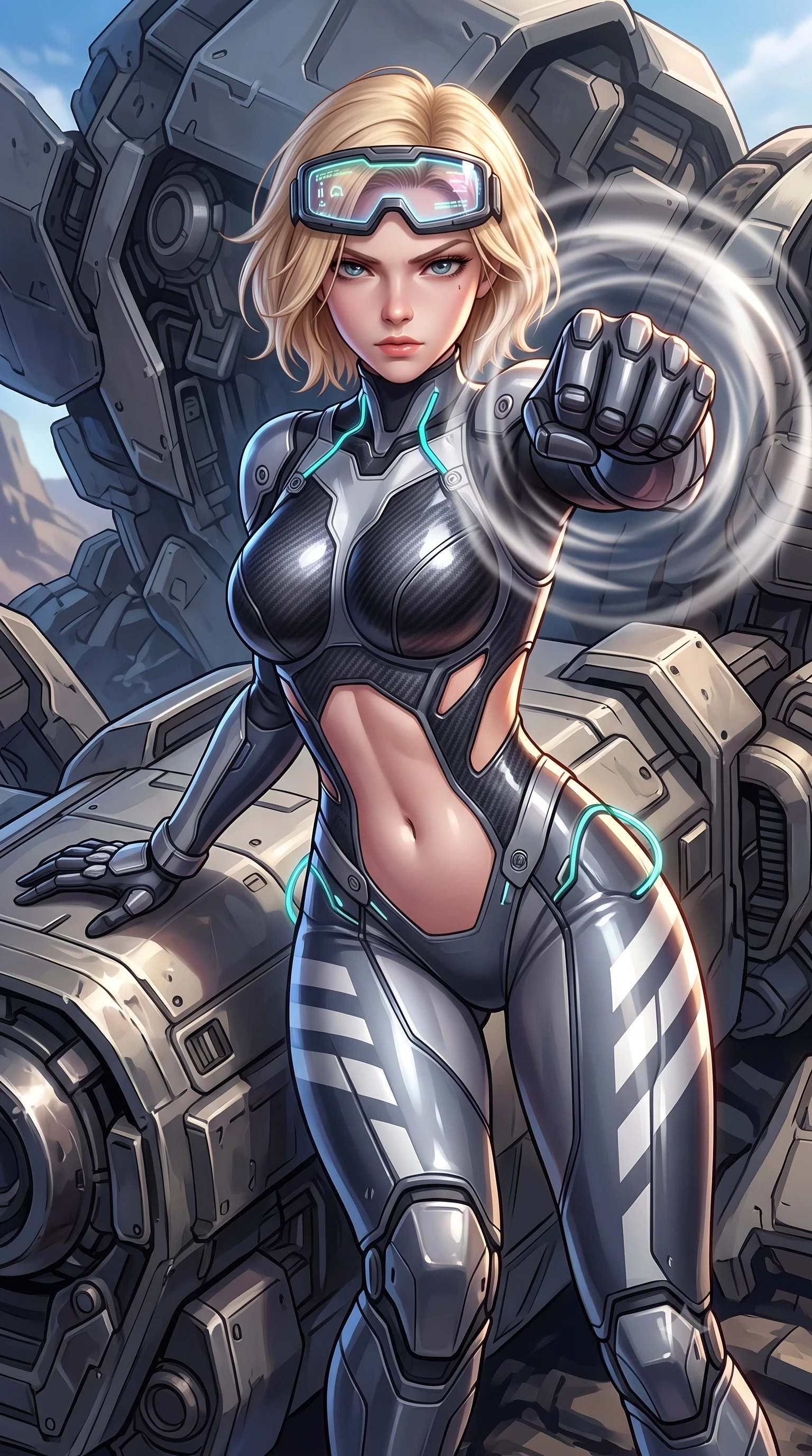 score_9, masterpiece, best quality, ultra-detailed, high-budget anime keyframe, semi-realistic 3D game render, editorial fashion photography, tasteful artistic composition, Caucasian woman. close-up cowboy shot from the waist and thighs up, the character dominates the composition, filling the frame with her large presence. thrusting a high-speed kinetic punch toward the camera, a visible conical shockwave distortion wrapping around her armored forearm while resting one hand on the mechanical hull with an intense, smoldering gaze looking directly into the camera. The surrounding environment is rendered in vivid detail and crisp panoramic clarity. high-contrast mechanical chiaroscuro and monumental war-machine wreckage captured with precision. She has an exceptionally elegant, slender, and willowy female figure with an ultra-slim waist, a gracefully sculpted slender torso, toned flat midriff, and a refined slim silhouette. sharp v-shaped jawline, high-bridge nose, intricate jewel-like eyes with depth, thick eyelashes, glossy lips with a natural sheen, fierce and resolute heroine expression, flawlessly proportioned anatomical accuracy, strict slender model proportions, natural body alignment, perfectly sculpted long slender limbs, ultra-slim waistline, clean dynamic posture without body distortion. wearing high-tech holographic tactical goggles resting tipped up on her forehead, casting glowing neon runes across her brow without obscuring her features, paired with a form-contouring high-mobility battle-suit featuring sculpted carbon chest plating, diagonal midriff ventilation cutouts, and kinetic knee vambraces in storm-grey carbon mesh with high-contrast white hazard stripes, formed from high-gloss patent carbon-plating with specular dystopian chiaroscuro reflections, accented with glowing fiber-optic telemetry conduits tracing her collarbones and hip curves, the form-contouring material adhering flawlessly to her sculpted flat midriff and slender torso, emphasizing her long leg lines and perfectly proportioned willowy build. illuminated by crisp specular highlights sharply tracing her sculpted flat midriff, waist, and long slender legs. rich saturated anime colors with glowing neon highlights, detailed shading with soft gradients, rich glossy textures, high-contrast stereoscopic depth, volumetric dynamic lighting, master piece, 9:16 ratio