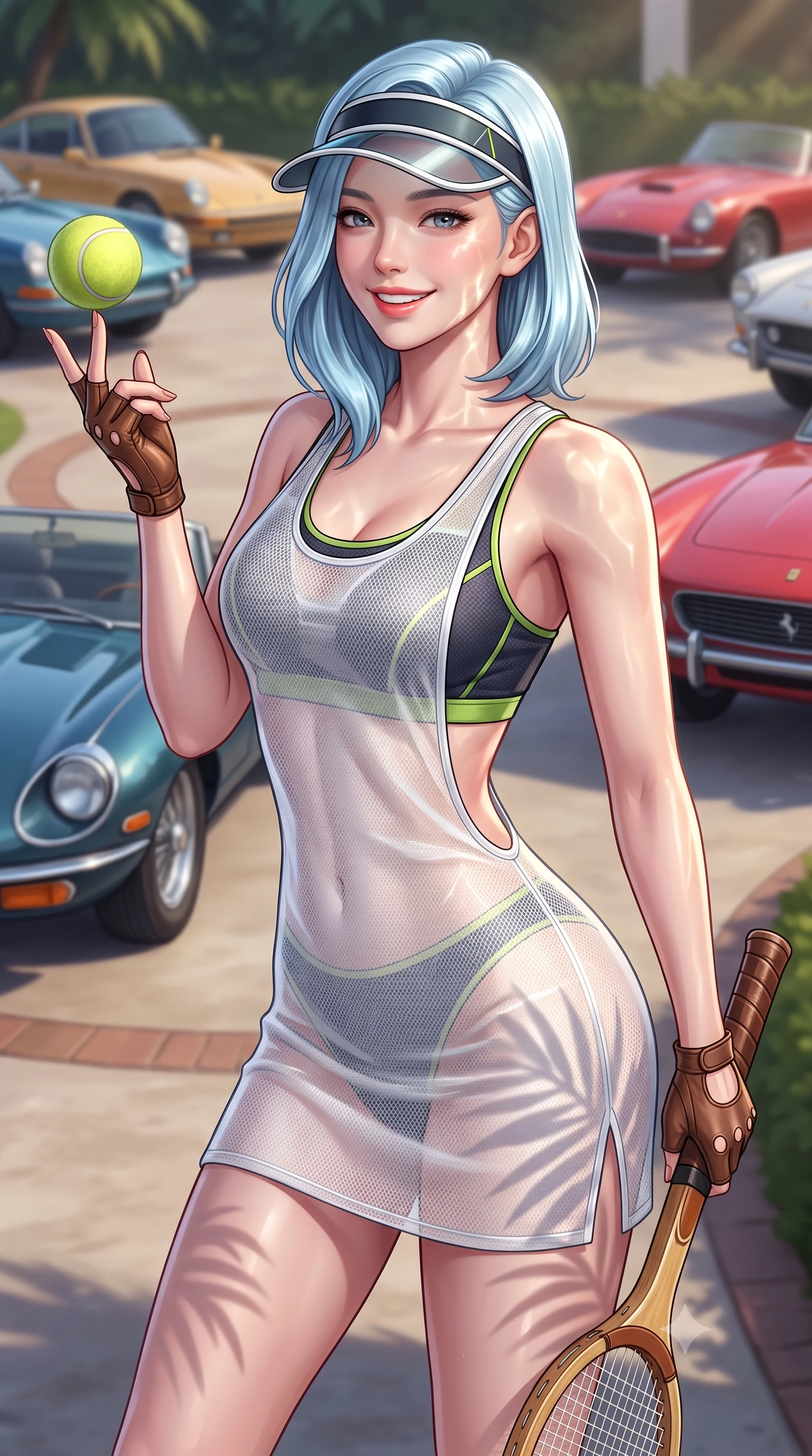 score_9, masterpiece, best quality, ultra-detailed, high-budget anime keyframe, semi-realistic 3D game render, editorial fashion photography, tasteful artistic composition, Korean woman. close-up cowboy shot from the waist and thighs up, the character dominates the composition, filling the frame with her large presence. playfully spinning a tennis ball on her fingertips, her radiant smile capturing fresh girlhood charm while her arched torso reveals an intoxicating hip contour while twisting her slender torso in an alluring contrapposto stance, holding a tennis racket while California palm shadows trace her curvy hips. The background shows a soft-focus vintage sports cars parked along the circular driveway softened in golden age Hollywood shallow focus. She has an exceptionally elegant, slender, and willowy female figure with an ultra-slim waist, flat toned midriff, narrow ribcage, and sculpted feminine hips creating an alluring, slim hourglass silhouette without bulk. sharp v-shaped jawline, high-bridge nose, sparkling eyes with athletic focus and depth, thick curled eyelashes, glossy parted lips with a natural coral-peach sheen, bright confident and coquettish smile with alluring bedroom-eyes, exuding both youthful sporty vigor and sovereign high-society glamour, flawlessly proportioned anatomical accuracy, strict slender model proportions, natural body alignment, perfectly sculpted long slender limbs, ultra-slim waistline, clean dynamic posture without body distortion. wearing a delicate semi-sheer white mesh tennis slip dress layered over a matching sports bra, hugging her slender waist and hips in deep midnight carbon and luminous lime green piping, woven from metallic lurex and technical nylon with subtle starlight glints, accented with a sporty retro tennis visor and fingerless leather driving gloves, the precision-cut side openings and low-back scoop framing her graceful spine and the sensual sweep of her slim, athletic hips. illuminated by water caustic bounce and sharp platinum rim lights defining her sculpted collarbones, ultra-slim waist, and curvy hips. highly saturated vibrant anime colors, detailed shading with soft gradients, rich glossy textures, high-contrast stereoscopic depth, volumetric dynamic lighting, master piece, 9:16 ratio