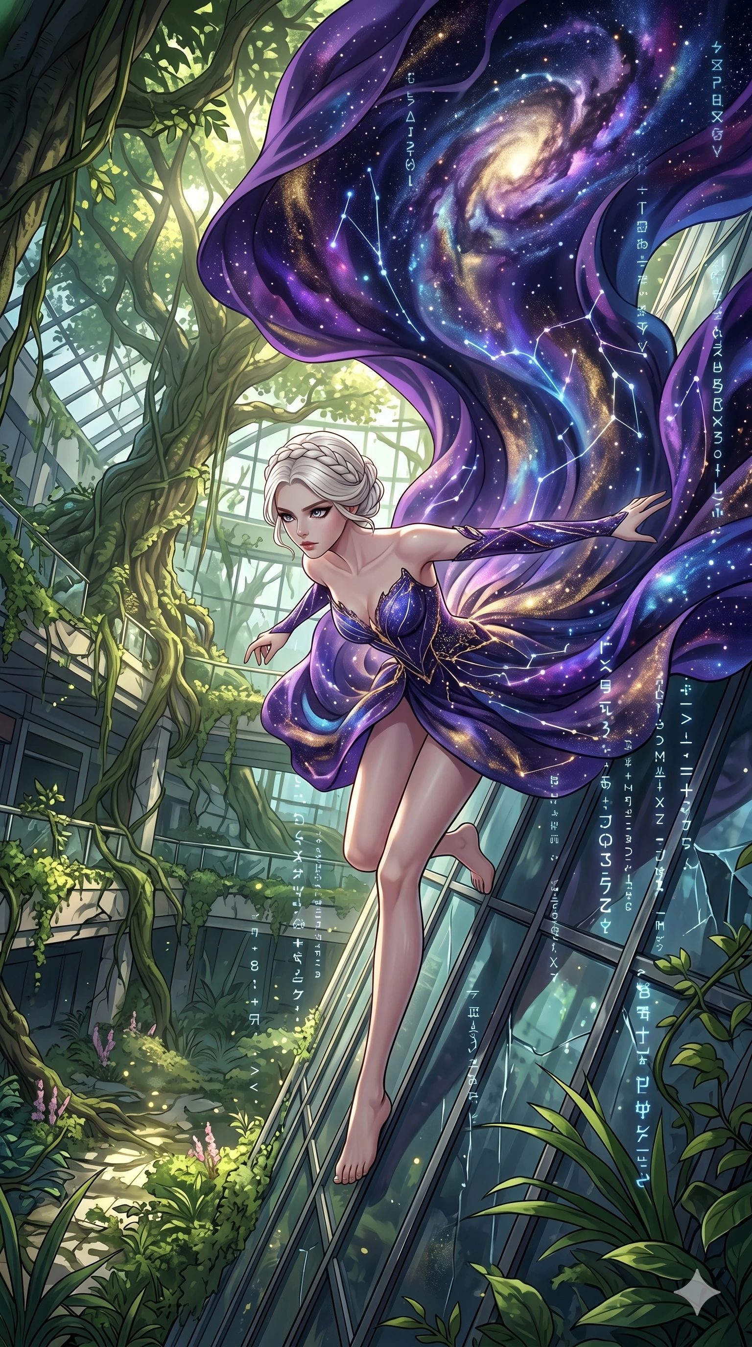 score_9, masterpiece, best quality, ultra-detailed, Set A: High-budget Anime Keyframe, Caucasian (human ears) woman. Upper body close-up from the thighs up, character filling the screen for maximum presence. Theme: Historical Remix. sliding down a glass skyscraper in a ruined overgrown shopping mall, as a digital rain of 37 symbols washes over her. The atmosphere is filled with cinematic sunlight through leaves. She has an absolutely perfect 8-heads proportion, an exceptionally tall and slender female figure with impossibly long slender legs and an ultra-slim waist. Sharp v-shaped jawline, high-bridge nose, intricate jewel-like eyes with depth, glossy lips. Wearing Ethereal star-gazer gown with a massive flowing train that looks like a nebula. Cinematic lighting, vivid colors, dramatic shadows, 2k, ultra detail, master piece, 9:16 ratio