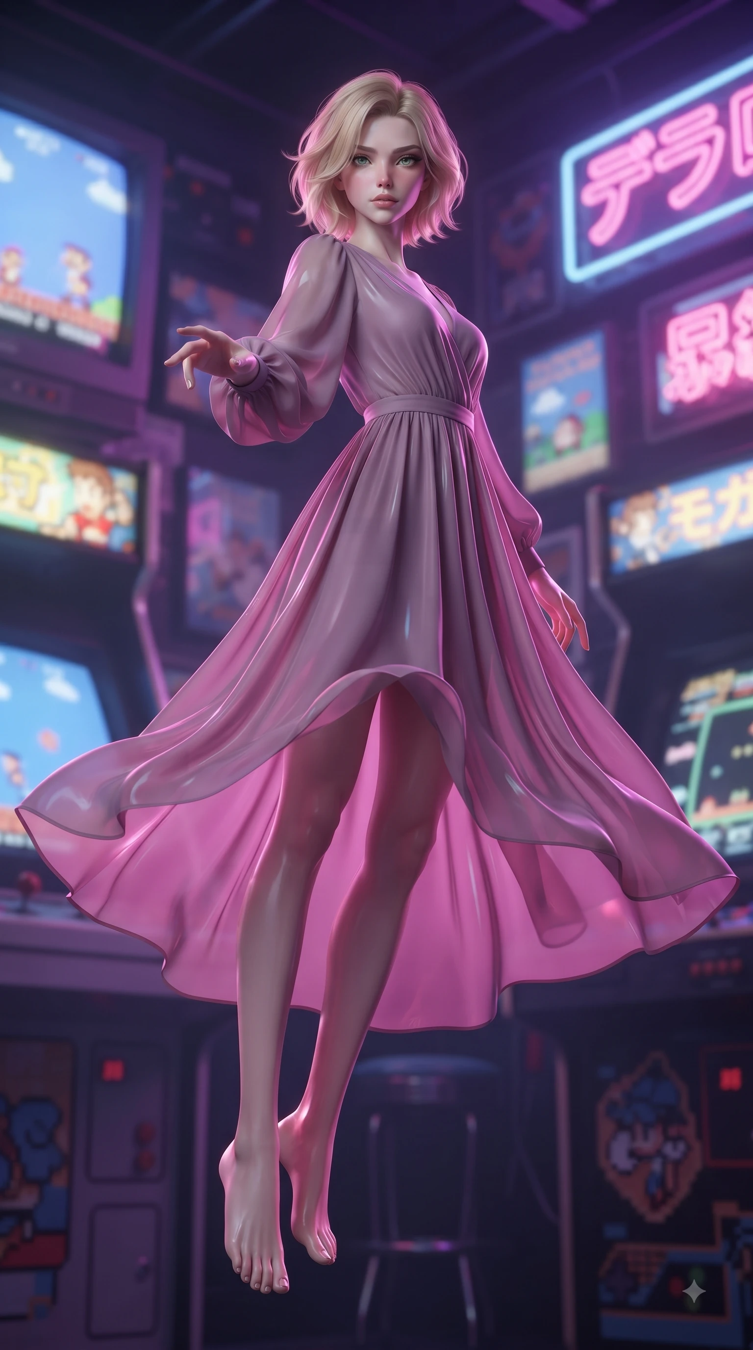 score_9, masterpiece, best quality, ultra-detailed, high-budget anime keyframe, editorial fashion photography, tasteful artistic composition, Caucasian woman woman. low angle full-body shot from head to toe showing her feet, filling the entire 9:16 vertical frame with her statuesque presence, stretching her vertical silhouette. She has an absolutely perfect, statuesque 8.5-heads proportion, an exceptionally tall and slender model-like female figure with impossibly long slender legs and an ultra-slim waist. floating dynamically in zero-gravity with flawless poise, reaching her hand forward gracefully, flawlessly proportioned anatomical accuracy, natural body alignment, perfectly sculpted elegant limbs, clean dynamic posture without body distortion. set against a soft-focus background of a retro cyber arcade filled with glowing CRT screens and neon signs. wearing a serene dusty mauve chiffon maxi dress with long bishop sleeves. bathed in strobing violet and electric pink neon lights refracting on her outfit. ultra-reflective glossy finish, specular highlights, metallic sheen, high-contrast stereoscopic depth, volumetric dynamic lighting, 2k, ultra detail, master piece, 9:16 ratio