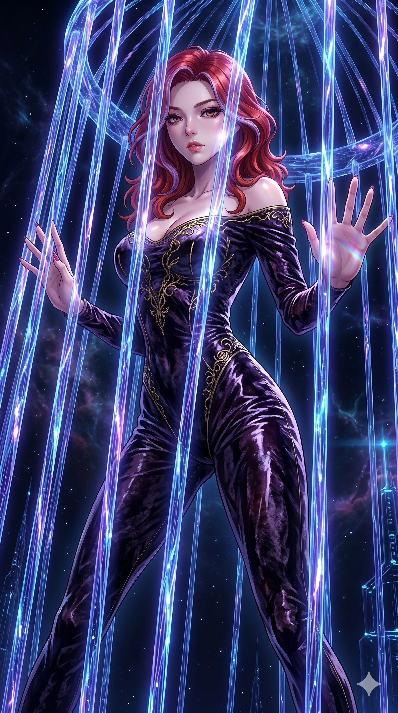 score_9, masterpiece, best quality, ultra-detailed, High-budget Anime Keyframe, East Asian woman. Dynamic full-body shot stretching the vertical silhouette to the limit. Scenario 172: Trapped in a cage of glowing crystalline fibers, body pressing against the bars. Her presence is magnetic and overpowering in this high-budget anime scene. Outfit 172: A crushed dark velvet second with a low-cut shoulder and wet-look texture. The clothing is designed to emphasize her exceptionally tall and slender 8-heads proportion. 8-heads proportion, towering silhouette, ultra-slim waist. sharp v-shaped jawline, intricate jewel-like eyes with depth, thick eyelashes, glossy lips. 2k, ultra detail, master piece, 9:16 ratio