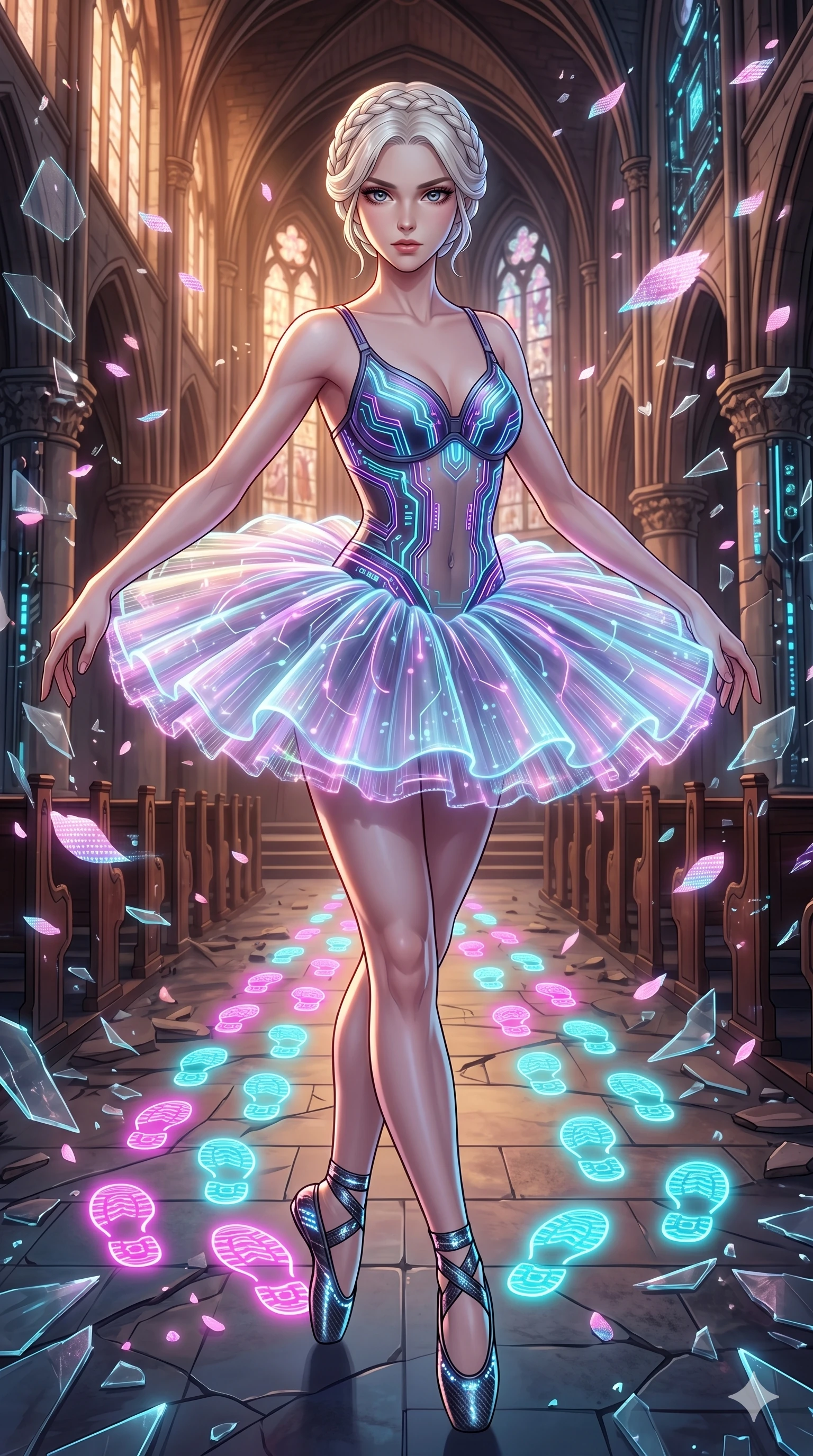 score_9, masterpiece, best quality, ultra-detailed, Set A: High-budget Anime Keyframe, Caucasian (strictly human ears) woman. Upper body close-up from the thighs up, character filling the screen for maximum presence. Sliding through a shattered glass cathedral, as she leaves a trail of 28 glowing footprints and surrounded by digital sakura petals. She has an absolutely perfect 8-heads proportion, an exceptionally tall and slender female figure with impossibly long slender legs and an ultra-slim waist. Sharp v-shaped jawline, high-bridge nose, intricate jewel-like eyes with depth, thick eyelashes, glossy lips with a natural sheen. Wearing Futuristic ballet outfit with a glowing tutu and carbon-fiber pointe shoes. Cinematic lighting, vibrant colors, dramatic shadows, 2k, ultra detail, master piece, 9:16 ratio