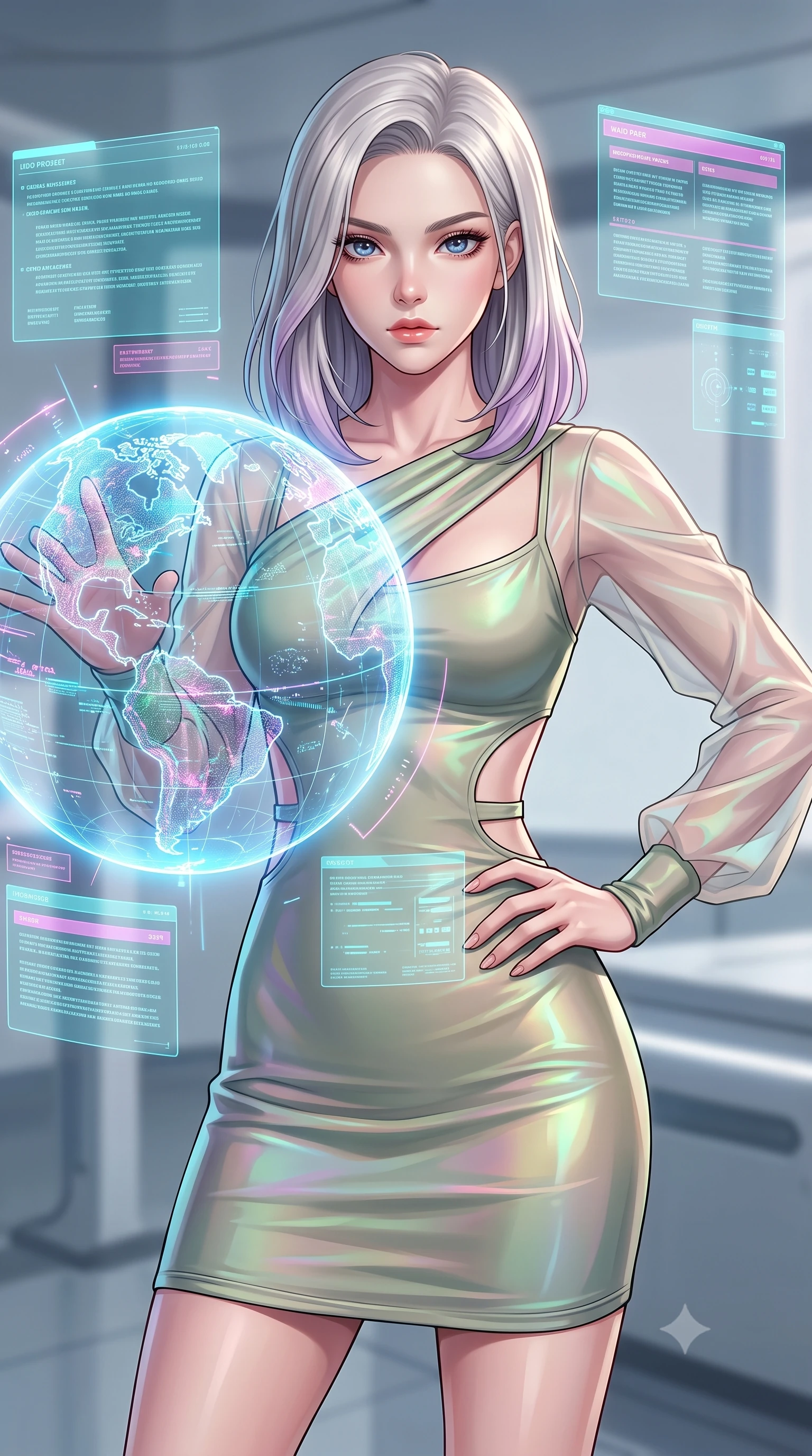 score_9, masterpiece, best quality, ultra-detailed, high-budget anime keyframe, editorial fashion photography, tasteful artistic composition, Caucasian woman. close-up cowboy shot from the waist and thighs up, the character dominates the composition, filling the frame with her large presence, background elements kept in soft focus. Holding a confident power pose with one hand on her hip, gazing directly into the camera with quiet intensity interacting with a giant glowing holographic globe of a cybernetic planet, translucent cyan and magenta holographic panels hovering seamlessly. She has an exceptionally elegant, slender, and willowy female figure with an ultra-slim waist, a gracefully sculpted slender torso, and a refined silhouette. sharp v-shaped jawline, high-bridge nose, intricate jewel-like eyes with depth, thick eyelashes, glossy lips with a natural sheen. wearing a sleek bodycon knit dress with sheer organza sleeve panels in sage green and oatmeal, crafted from iridescent chiffon that shifts colors in the light, featuring clean architectural cutouts along her slender torso, the elegant draped fit framing her graceful clavicle and slender torso. surrounded by a crisp high-tech illumination highlighting every sleek curve. highly saturated vibrant anime colors, detailed shading with soft gradients, rich glossy textures, high-contrast stereoscopic depth, volumetric dynamic lighting, master piece, 9:16 ratio