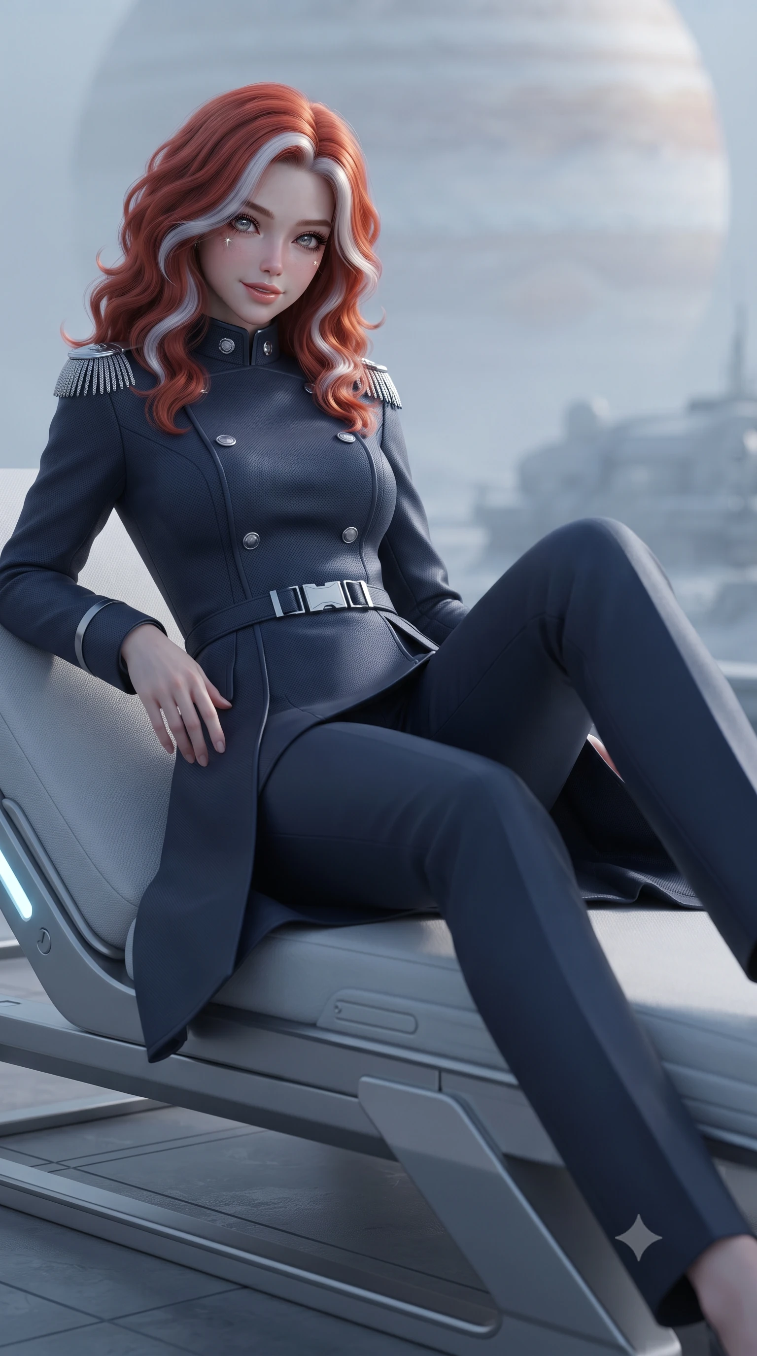 score_9, masterpiece, best quality, ultra-detailed, high-budget anime keyframe, editorial fashion photography, tasteful artistic composition, Caucasian woman. close-up cowboy shot from the waist and thighs up, the character dominates the composition, filling the frame with her large presence. tilting her head with a teasing half-smile, running one hand slowly down the side of her hip in a flirtatious S-curve as ambient light caresses her silhouette while reclining gracefully on the outdoor heated daybed with legs extended, displaying her long slender limbs and statuesque hourglass silhouette against the cosmic gas giant. The background shows a soft-focus cryo-frost haze softened in Jupiter-facing surface outpost shallow focus. She has an exceptionally elegant, slender, and willowy female figure with an ultra-slim waist, flat toned midriff, narrow ribcage, and sculpted feminine hips creating an alluring, slim hourglass silhouette without bulk. sharp v-shaped jawline, high-bridge nose, intricate jewel-like sparkling eyes with depth, thick eyelashes, glossy parted lips with a natural peach sheen, bright cheerful beaming smile with an enchanting and coquettish sensual glint, exuding both youthful cute charm and seductive allure, flawlessly proportioned anatomical accuracy, strict slender model proportions, natural body alignment, perfectly sculpted long slender limbs, ultra-slim waistline, clean dynamic posture without body distortion. wearing a tailored orbital navy officer dress uniform featuring a structured double-breasted coat with silver epaulets, high mandarin collar, and matching pressed slacks in tactical carbon navy and polished chrome, woven from structured carbon-fiber jacquard with rich textural depth, finished with sleek magnetic buckle closures fluttering in the breeze, the impeccably tailored cut draping gracefully along her slender figure with aristocratic poise. illuminated by snow reflection bounce and sharp Jupiter-amber rim lights sculpting her razor-sharp jawline, narrow waist, and curvy hips. ultra-reflective glossy finish, specular highlights, rich textural contrasts, high-contrast stereoscopic depth, volumetric dynamic lighting, 2k, ultra detail, master piece, 9:16 ratio