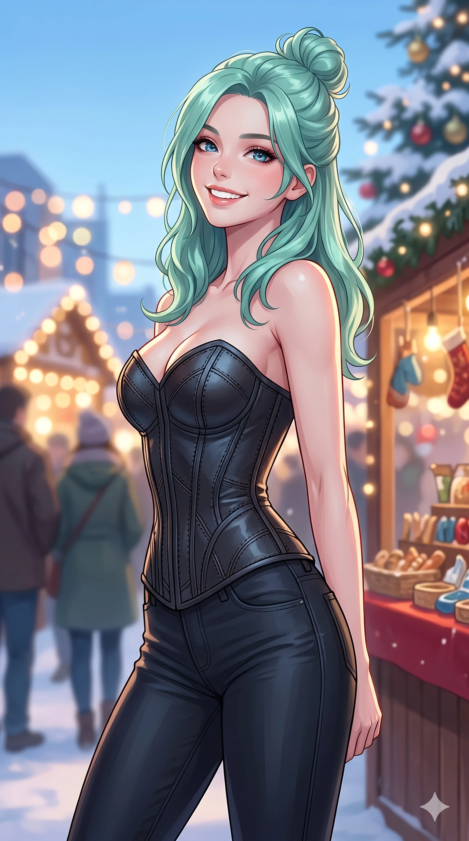 score_9, masterpiece, best quality, ultra-detailed, high-budget anime keyframe, vibrant anime aesthetic, Japanese woman. cowboy shot from the thighs up, character and outfit filling the frame for maximum presence. She is leaning back with a bright, radiant winter smile, looking over her shoulder by a winter market with glowing light booths (Code-P21-147). She has an absolutely perfect 8-heads proportion, an exceptionally tall and slender female figure with impossibly long slender legs and an ultra-slim waist. V-shaped jawline, high-bridge nose, intricate jewel-like eyes with depth, thick eyelashes, glossy lips with a natural sheen. wearing a leather corset with sweetheart neckline revealing her cleavage in winter. She is soft glowing ambient light from a clear blue winter sky, highlighting her V-shaped jawline. 2k, ultra detail, master piece, 9:16 ratio
