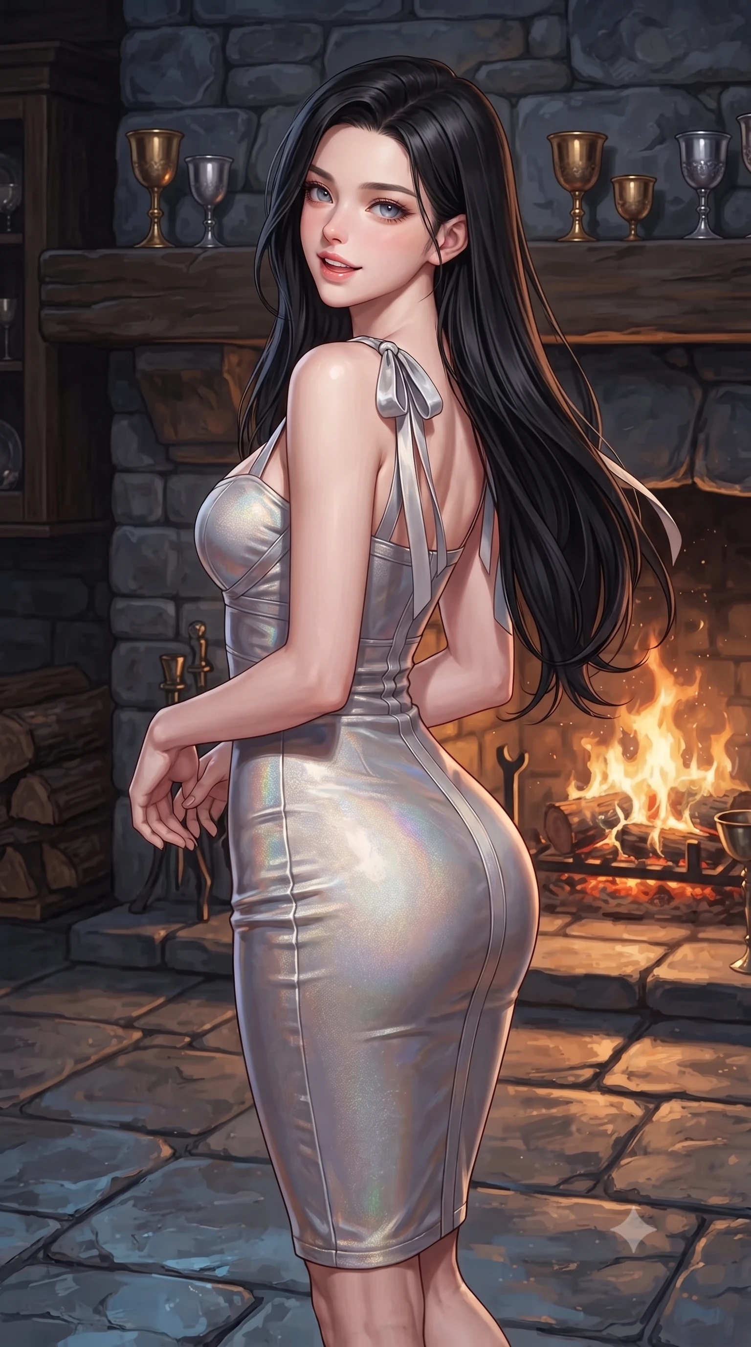 score_9, masterpiece, best quality, ultra-detailed, high-budget anime keyframe, editorial fashion photography, tasteful artistic composition, Korean woman. close-up cowboy shot from the waist and thighs up, the character dominates the composition, filling the frame with her large presence. posing in an alluring rear three-quarter angle, looking over a bare shoulder with parted glossy lips, her hips cocked back to highlight her slim hourglass curve while twisting her slender torso in an alluring contrapposto stance on the slate flagstone floor, glowing hearth firelight caressing her narrow waist and curvy hips. The surrounding environment is rendered in vivid detail and crisp panoramic clarity: sharp hand-chiseled Lochalsh stone masonry, crackling pine log embers in the hearth, and polished brass and silver chalice reflections in deep focus. She has an exceptionally elegant, slender, and willowy female figure with an ultra-slim waist, flat toned midriff, narrow ribcage, and sculpted feminine hips creating an alluring, slim hourglass silhouette without bulk. sharp v-shaped jawline, high-bridge nose, intricate jewel-like sparkling eyes with depth, thick eyelashes, glossy parted lips with a natural peach sheen, bright cheerful beaming smile with an enchanting and coquettish sensual glint, exuding both youthful cute charm and seductive allure, flawlessly proportioned anatomical accuracy, strict slender model proportions, natural body alignment, perfectly sculpted long slender limbs, ultra-slim waistline, clean dynamic posture without body distortion. wearing a dense bandage knit pencil dress with sweetheart neckline contouring her delicate ribcage and hips in iridescent mother-of-pearl and liquid molten silver, tailored from ultra-plush silk velvet with rich tactile depth and deep shadow gradients, finished with satin ribbon ties at the shoulders fluttering in the gentle breeze, the bespoke structured tailoring following the natural line of her 8.5-heads silhouette with refined elegance. illuminated by slate floor reflection bounce and sharp copper-gold rim lights sculpting her razor-sharp jawline, narrow waist, and curvy hips. ultra-reflective glossy finish, specular highlights, rich textural contrasts, high-contrast stereoscopic depth, volumetric dynamic lighting, 2k, ultra detail, master piece, 9:16 ratio