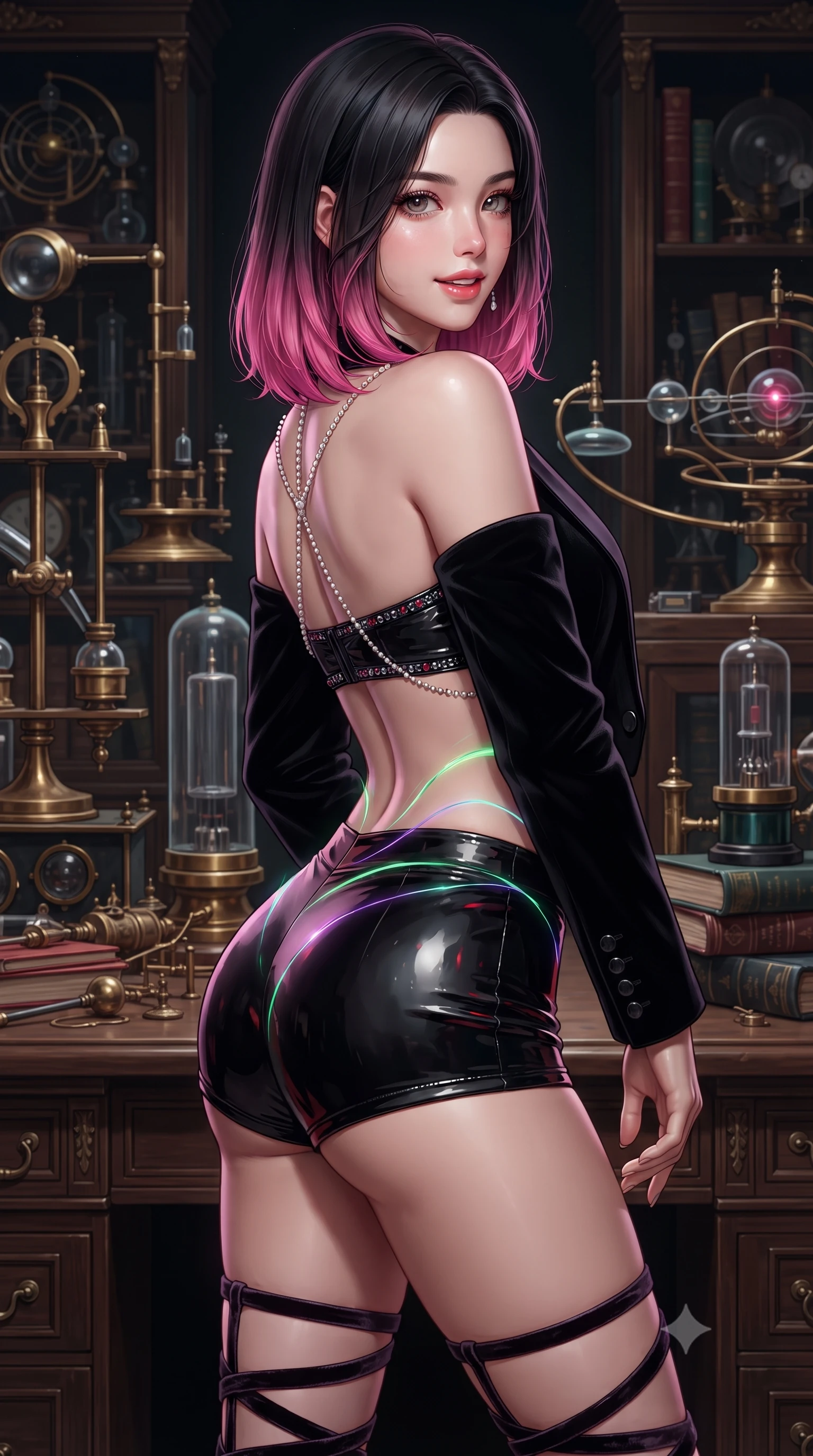 score_9, masterpiece, best quality, ultra-detailed, high-budget anime keyframe, editorial fashion photography, tasteful artistic composition, Korean woman. close-up cowboy shot from the waist and thighs up, the character dominates the composition, filling the frame with her large presence. posing in an alluring rear three-quarter angle, looking over a bare shoulder with parted glossy lips, her hips cocked back to highlight her slim hourglass curve while twisting her slender torso in an alluring S-curve, dancing green and violet aurora ribbons tracing her flat midriff, waist, and hips. The surrounding environment is rendered in vivid detail and crisp panoramic clarity: detailed strappy velvet bodysuit texture, starlight glints on skin, and Victorian scientific craftsmanship in high resolution. She has an exceptionally elegant, slender, and willowy female figure with an ultra-slim waist, flat toned midriff, narrow ribcage, and sculpted feminine hips creating an alluring, slim hourglass silhouette without bulk. sharp v-shaped jawline, high-bridge nose, sparkling eyes with hypnotic seductive depth, thick curled eyelashes, glossy parted lips with a natural dewy peach sheen, alluring bedroom-eyes with an enchanting coquettish smile, exuding magnetic siren charisma and sophisticated glamour, flawlessly proportioned anatomical accuracy, strict slender model proportions, natural body alignment, perfectly sculpted long slender limbs, ultra-slim waistline, clean dynamic posture without body distortion. wearing a tailored open-front minimal smoking blazer worn over a jewel-embellished bandeau and micro-shorts in wet-look onyx black with crimson specular reflections, tailored from ultra-plush velvet with rich tactile depth and deep shadow gradients, accented with a pearl-drop body harness subtly framing her dewy collarbones and spine, the high-slit wrap tailoring accentuating her ultra-slim waistline and the enchanting curve of her feminine hips with alluring seductive charm. illuminated by brass tube specular highlights and sharp cyan-magenta rim lights defining her delicate clavicles, ultra-slim waist, and curvy hips. ultra-reflective glossy finish, specular highlights, rich textural contrasts, high-contrast stereoscopic depth, volumetric dynamic lighting, 2k, ultra detail, master piece, 9:16 ratio