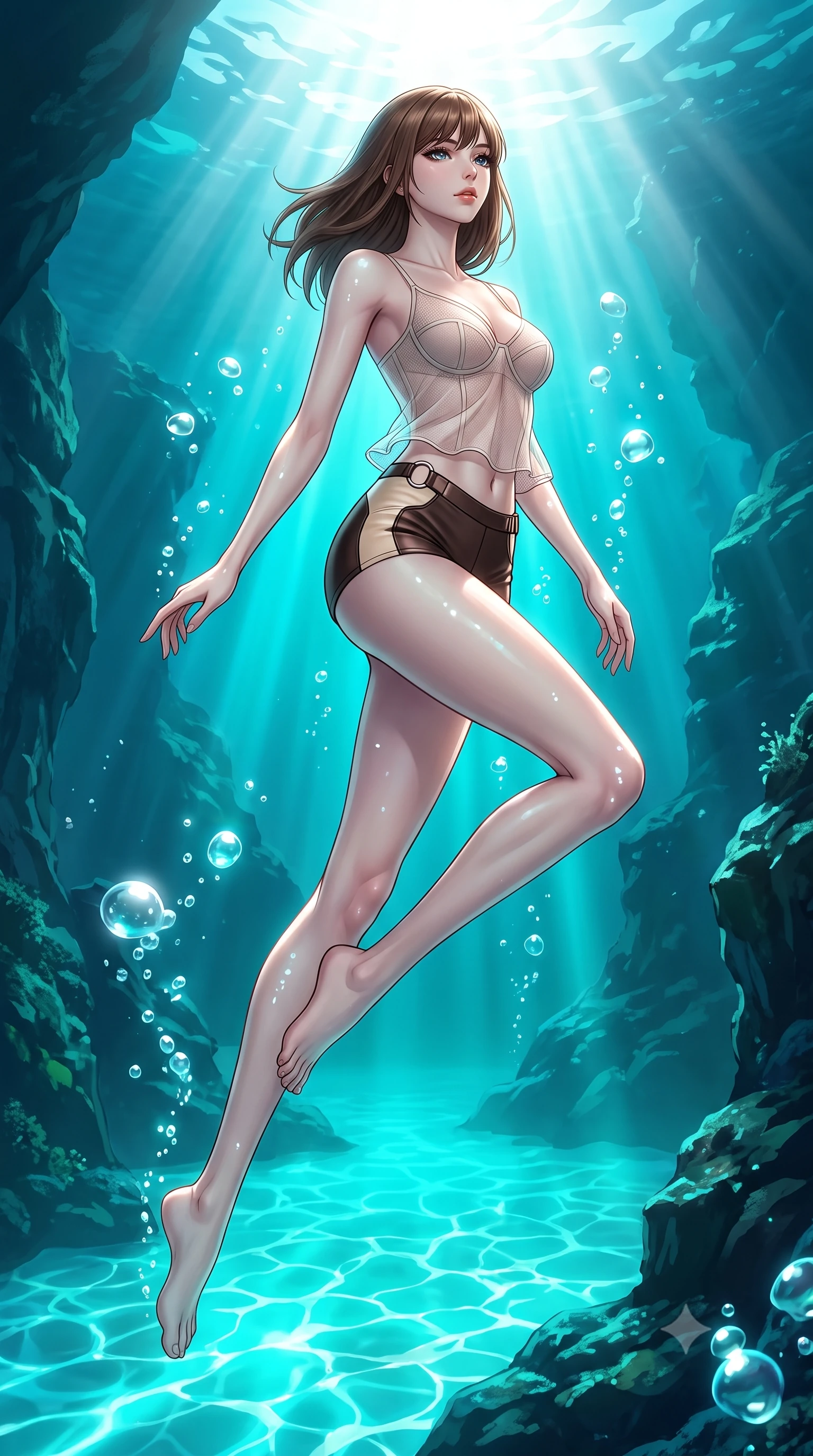 score_9, masterpiece, best quality, ultra-detailed, high-budget anime keyframe, editorial fashion photography, tasteful artistic composition, Korean woman. low angle full-body shot from head to toe showing her feet, filling the entire 9:16 vertical frame with her statuesque presence, stretching her vertical silhouette. leaping gracefully through mid-air with statuesque elegance, her impossibly long slender legs stretched in perfect balance while swimming gracefully upward toward sunbeams penetrating a deep turquoise ocean rift, rising bioluminescent bubbles casting soft pearl-like highlights on her skin. She has an absolutely perfect, statuesque 8.5-heads proportion, an exceptionally tall and slender model-like female figure with impossibly long slender legs and an ultra-slim waist. sharp v-shaped jawline, high-bridge nose, intricate jewel-like eyes with depth, thick eyelashes, glossy lips with a natural sheen, flawlessly proportioned anatomical accuracy, natural body alignment, perfectly sculpted elegant limbs, clean dynamic posture without body distortion. wearing a delicate see-through mesh top with structured cup boning and micro-shorts in espresso brown and warm cream, formed from sleek second-skin neoprene, accented with delicate chrome ring hardware framing her waist, the elegant draped fit framing her graceful clavicle and slender torso. bathed in brilliant sun-drenched water rays and luminous turquoise caustic glow. highly saturated vibrant anime colors, detailed shading with soft gradients, rich glossy textures, high-contrast stereoscopic depth, volumetric dynamic lighting, master piece, 9:16 ratio