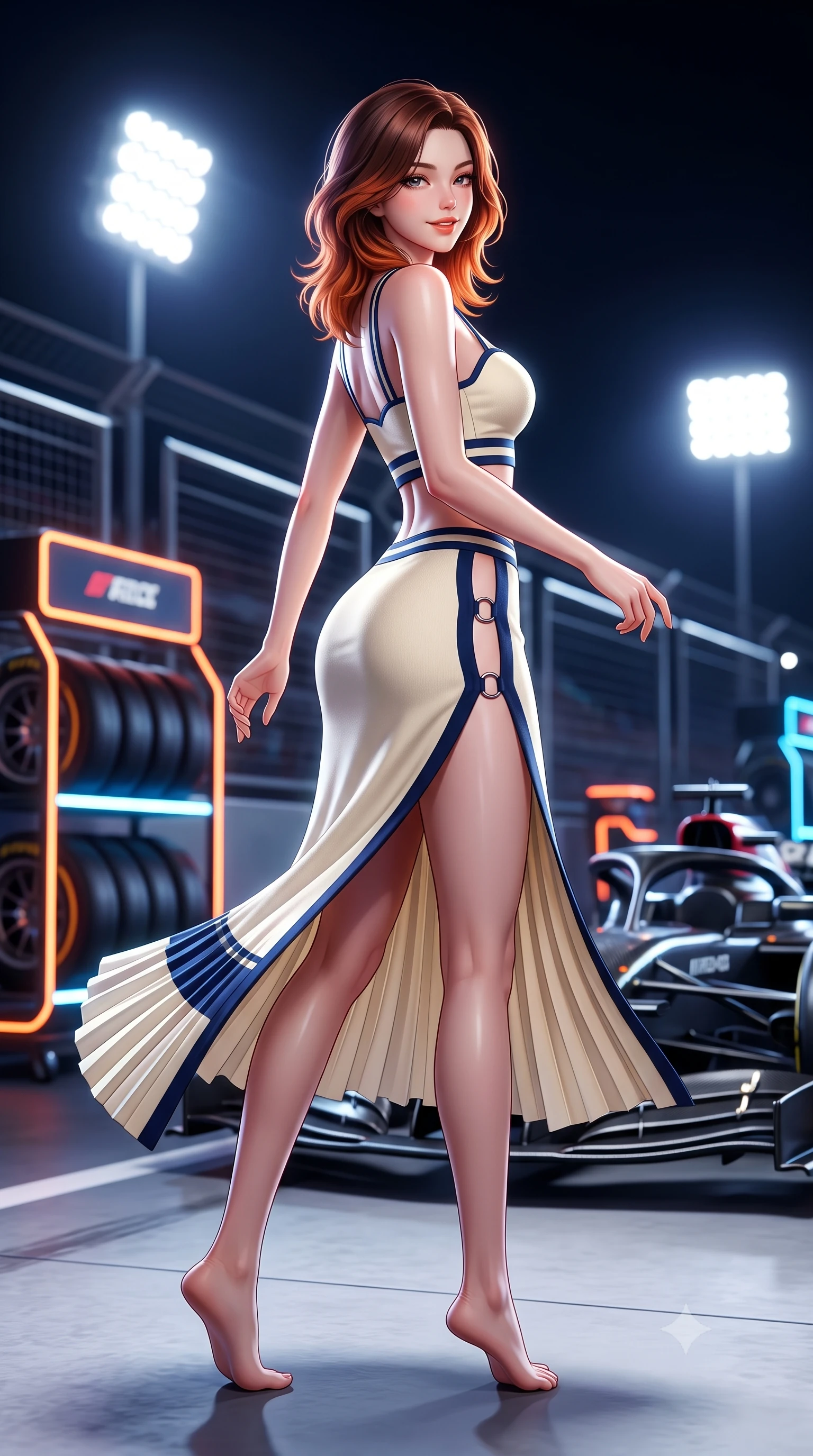 score_9, masterpiece, best quality, ultra-detailed, high-budget anime keyframe, semi-realistic 3D game render, editorial fashion photography, tasteful artistic composition, Korean woman. low angle full-body shot from head to toe showing her feet, filling the entire 9:16 vertical frame with her statuesque presence, stretching her vertical silhouette. executing an athletic pivot turn as her pleated tennis skirt flutters around her slender legs, glancing over her shoulder with an intoxicating, teasing bedroom-gaze while twisting her slender torso in an alluring S-curve, dazzling 2000-lux track floodlights casting crisp geometric shadows across her curves and waist. The background shows a soft-focus glowing tire warming racks and high-speed carbon fiber cars softened in thrilling night-race shallow focus. She has an absolutely perfect, statuesque 8.5-heads proportion, an exceptionally tall and slender model-like female figure with impossibly long slender legs, an ultra-slim waist, a flat toned midriff, narrow delicate ribcage, and beautifully sculpted feminine hips creating a graceful, slim hourglass silhouette without any bulky heaviness. sharp v-shaped jawline, high-bridge nose, sparkling eyes with athletic focus and depth, thick curled eyelashes, glossy parted lips with a natural coral-peach sheen, bright confident and coquettish smile with alluring bedroom-eyes, exuding both youthful sporty vigor and sovereign high-society glamour, flawlessly proportioned anatomical accuracy, strict slender model proportions, natural body alignment, perfectly sculpted long slender limbs, ultra-slim waistline, clean dynamic posture without body distortion. wearing a sweetheart-neckline athletic tennis bustier top paired with a curve-hugging high-slit track maxi skirt in retro tennis cream and navy blue stripes, tailored from ultra-soft fine cashmere yarn with an airy athletic drape, finished with sharp laser-cut side ventilation cutouts framed by chrome rings, the glove-like aerodynamic silhouette tightly following the natural contour of her hips and long slender legs with youthful 8.5-heads elegance. bathed in intense, high-contrast track floodlight white and pit-box neon accents. highly saturated vibrant anime colors, detailed shading with soft gradients, rich glossy textures, high-contrast stereoscopic depth, volumetric dynamic lighting, master piece, 9:16 ratio