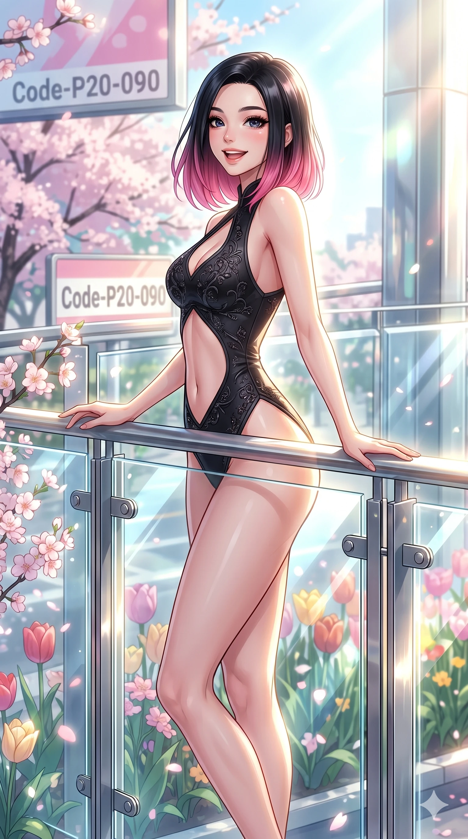 score_9, masterpiece, best quality, ultra-detailed, high-budget anime keyframe, vibrant anime aesthetic, Korean woman. cowboy shot from the thighs up, character and outfit filling the frame for maximum presence. She is resting her hands on the railing, looking over her shoulder with a happy grin by a vibrant spring flower festival avenue (Code-P20-090). She has an absolutely perfect 8-heads proportion, an exceptionally tall and slender female figure with impossibly long slender legs and an ultra-slim waist. V-shaped jawline, high-bridge nose, intricate jewel-like eyes with depth, thick eyelashes, glossy lips with a natural sheen. wearing a bodycon swimsuit with a high-slit and exposed midriff. She is bathed in bright morning sun reflecting off the glass panels, creating a glowing aura. 2k, ultra detail, master piece, 9:16 ratio