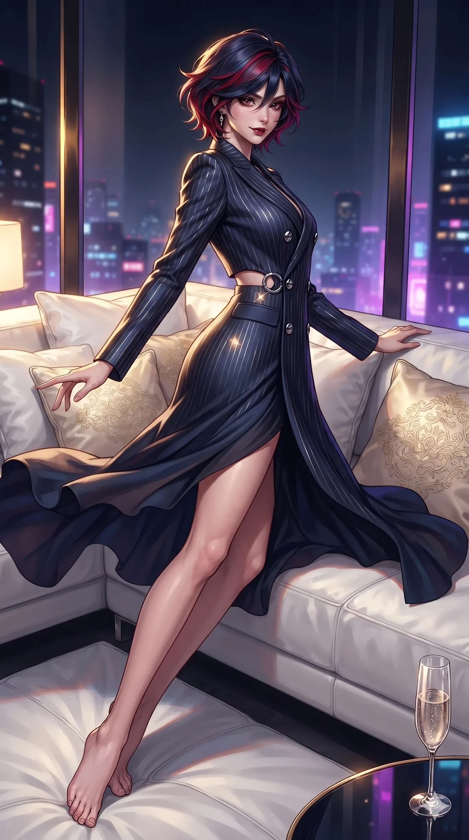 score_9, masterpiece, best quality, ultra-detailed, high-budget anime keyframe, editorial fashion photography, tasteful artistic composition, Korean woman. low angle full-body shot from head to toe showing her feet, filling the entire 9:16 vertical frame with her statuesque presence, stretching her vertical silhouette. executing a slow, elegant turn as her liquid gown flutters around her slender legs, glancing over her shoulder with an intoxicating, seductive bedroom-gaze while twisting her slender torso in an alluring S-curve across plush silk cushions, city lights reflecting off her flat midriff and hips. The surrounding environment is rendered in vivid detail and crisp panoramic clarity: sharp stitched white leather daybed seams, silk cushion embroidery, and crystal glass champagne flute clarity in deep focus. She has an exceptionally tall and slender model-like 8.5-heads proportion, an ultra-slim waist, a flat toned midriff, narrow delicate ribcage, and beautifully sculpted feminine hips creating a graceful, slim hourglass silhouette without any bulky heaviness, with impossibly long slender legs. sharp v-shaped jawline, high-bridge nose, intricate jewel-like dark sparkling eyes with dangerous depth, thick curled eyelashes, glossy parted lips with a rich wine sheen, smoldering seductive half-smile with bedroom-eyes, exuding effortless superiority and intoxicating dark allure, flawlessly proportioned anatomical accuracy, strict slender model proportions, natural body alignment, perfectly sculpted long slender limbs, ultra-slim waistline, clean dynamic posture without body distortion. wearing an aristocratic double-breasted midnight blazer dress with metallic pinstripes and crested buttons in ultraviolet neon and dark rain-soaked shadow tones, tailored from heavy double-faced silk georgette with an exceptionally fluid drape, accented with sculptural chrome hardware rings framing the subtle cutouts, the bespoke structured tailoring following the natural line of her 8.5-heads silhouette with refined elegance. illuminated by city light haze bounce and sharp golden-amber rim lights defining her razor-sharp jawline, narrow waist, and curvy hips. ultra-reflective glossy finish, specular highlights, rich textural contrasts, high-contrast stereoscopic depth, volumetric dynamic lighting, 2k, ultra detail, master piece, 9:16 ratio
