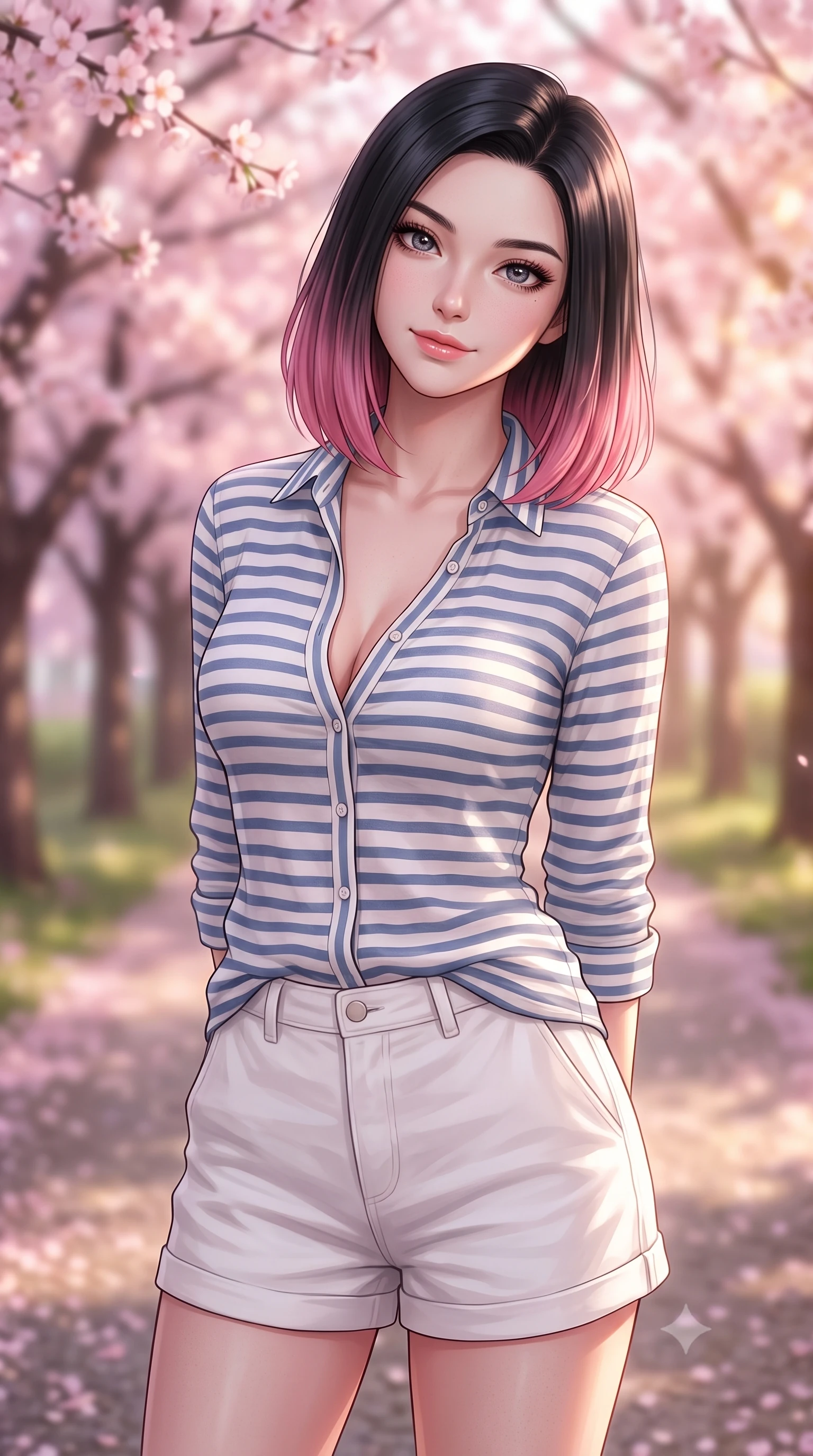 score_9, masterpiece, best quality, ultra-detailed, high-budget anime keyframe, editorial fashion photography, tasteful artistic composition, Korean woman woman. close-up cowboy shot from the waist and thighs up, the character dominates the composition, filling the frame with her large presence, background elements kept in soft focus. tilting her head slightly with a gentle, friendly smile under the warm sun the background shows a soft-focus a quiet gravel path in a park lined with cherry blossom trees in full bloom. She has an exceptionally elegant, slender, and willowy female figure with an ultra-slim waist, a gracefully sculpted slender torso, and a refined silhouette. sharp v-shaped jawline, high-bridge nose, intricate jewel-like eyes with depth, thick eyelashes, glossy lips with a natural sheen. wearing a body-hugging soft striped linen button-down shirt and relaxed-fit white cotton shorts. soft pink diffused light under a canopy of cherry blossoms. 2k, ultra detail, master piece, 9:16 ratio