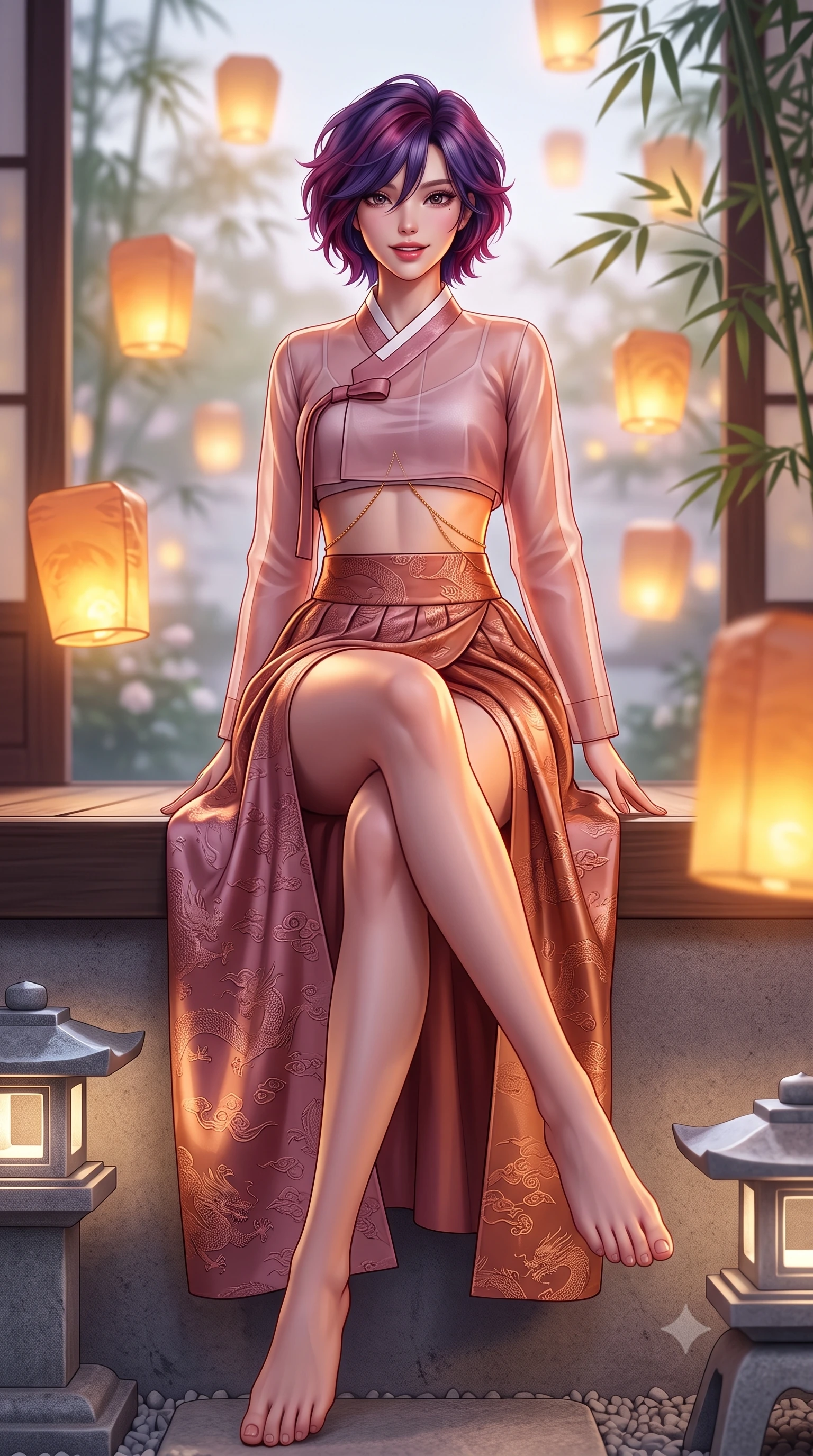 score_9, masterpiece, best quality, ultra-detailed, high-budget anime keyframe, semi-realistic 3D game render, editorial fashion photography, tasteful artistic composition, Korean woman. low angle full-body shot from head to toe showing her feet, filling the entire 9:16 vertical frame with her statuesque presence, stretching her vertical silhouette. sitting perched on the elevated pavilion terrace edge with legs crossed and hips angled toward the camera, displaying her toned midriff and long slender limbs with joyful, coquettish charm while twisting her slender torso in an alluring S-curve, floating holographic paper lanterns casting warm amber glow across her narrow waist and hips. The background shows a soft-focus floating holographic gold lanterns and gently swaying bamboo leaves softened in serene Kyoto shallow focus. She has an absolutely perfect, statuesque 8.5-heads proportion, an exceptionally tall and slender model-like female figure with impossibly long slender legs, an ultra-slim waist, a flat toned midriff, narrow delicate ribcage, and beautifully sculpted feminine hips creating a graceful, slim hourglass silhouette without any bulky heaviness. sharp v-shaped jawline, high-bridge nose, intricate jewel-like dark sparkling almond eyes with depth, thick lashes, glossy parted lips with a natural rose-plum sheen, bright alluring and coquettish smile with bedroom-eyes, exuding both timeless oriental elegance and sovereign high-fashion allure, flawlessly proportioned anatomical accuracy, strict slender model proportions, natural body alignment, perfectly sculpted long slender limbs, ultra-slim waistline, clean dynamic posture without body distortion. wearing a cropped semi-sheer silk organza jeogori top paired with an ultra-high-waisted wrapped chima skirt featuring a dramatic thigh-high side slit in dusty rose pink and burnished copper, made of rich jacquard silk with intricate embossed dragon and cloud motifs, accented with a delicate gold body chain draping loosely across her flat midriff, the form-fitting tailored bodice adhering flawlessly to her sculpted flat midriff and slender torso, emphasizing her long leg lines and perfectly proportioned willowy build. illuminated by ground stone lantern bounce and sharp silver rim lights carving her sculpted collarbones, ultra-slim waist, and curvy hips. highly saturated vibrant anime colors, detailed shading with soft gradients, rich glossy textures, high-contrast stereoscopic depth, volumetric dynamic lighting, master piece, 9:16 ratio