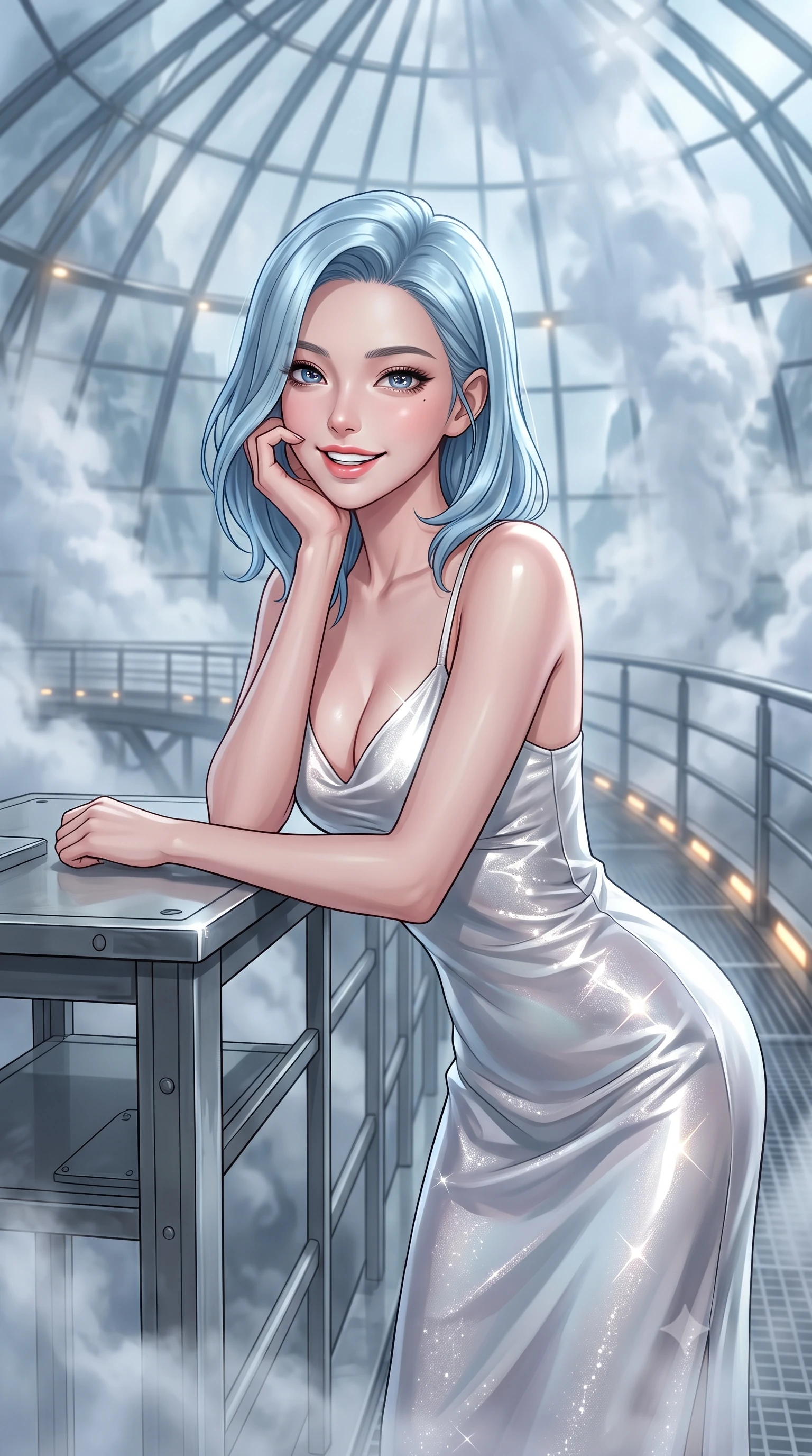 score_9, masterpiece, best quality, ultra-detailed, high-budget anime keyframe, semi-realistic 3D game render, editorial fashion photography, tasteful artistic composition, Korean woman. close-up cowboy shot from the waist and thighs up, the character dominates the composition, filling the frame with her large presence. resting one elbow on the table and supporting her chin, leaning close to the camera with heavy-lidded sparkling eyes and parted lips while standing poised on the high-level mist catwalk suspended inside the soaring glass mountain dome, arching her lower back as billowing cool cloud mist wraps around her silhouette. The background shows a soft-focus dense high-altitude mist plumes softened in futuristic bio-dome shallow focus. She has an exceptionally elegant, slender, and willowy female figure with an ultra-slim waist, flat toned midriff, narrow ribcage, and sculpted feminine hips creating an alluring, slim hourglass silhouette without bulk. sharp v-shaped jawline, high-bridge nose, intricate jewel-like sparkling eyes with depth, thick eyelashes, glossy parted lips with a natural peach sheen, bright cheerful beaming smile with an enchanting and coquettish sensual glint, exuding both youthful cute charm and seductive allure, flawlessly proportioned anatomical accuracy, strict slender model proportions, natural body alignment, perfectly sculpted long slender limbs, ultra-slim waistline, clean dynamic posture without body distortion. wearing a liquid satin slip dress tailored with bias-cut curves clinging smoothly over her hips in pure translucent crystal white and liquid platinum, woven from stretch metallic lurex jersey casting radiant starlight glints across her curves, complemented by strappy stiletto sandals with crystal ankle wraps accentuating her slender calves, the liquid-tight tailored fabric clinging flawlessly to her narrow waist and rounded feminine hips, emphasizing every millimeter of her sculpted slim hourglass curves without any bulky heaviness. bathed in the cool 5000K daylight-white mist illumination mixed with warm 2700K pathway architectural spot LEDs. highly saturated vibrant anime colors, detailed shading with soft gradients, rich glossy textures, high-contrast stereoscopic depth, volumetric dynamic lighting, master piece, 9:16 ratio