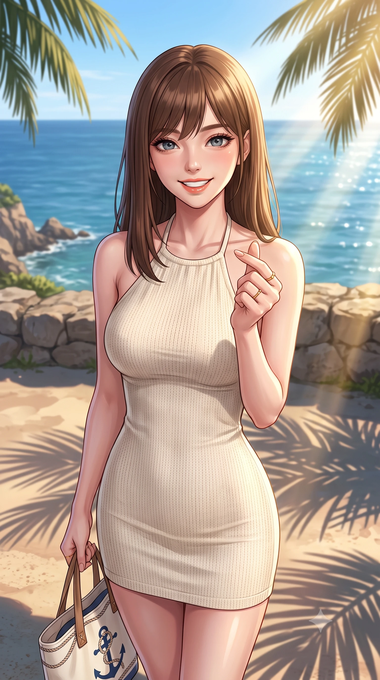 score_9, masterpiece, best quality, ultra-detailed, high-budget anime keyframe, editorial fashion photography, tasteful artistic composition, Korean woman. close-up cowboy shot from the waist and thighs up, the character dominates the composition, filling the frame with her large presence, background elements kept in soft focus. flashing a bright, sunny grin, holding her fingers in a cute small heart shape set against a soft-focus background of on a rocky coastal cliff lookout with views of the vast blue ocean holding a cute canvas tote bag with a nautical anchor print. She has an exceptionally elegant, slender, and willowy female figure with an ultra-slim waist, a gracefully sculpted slender torso, and a refined silhouette. sharp v-shaped jawline, high-bridge nose, intricate jewel-like eyes with depth, thick eyelashes, glossy lips with a natural sheen. wearing slim-fit sleek, tight-fitting knit halter dress in cream, tracing her slender silhouette. soft late afternoon sunbeams casting long shadows of palm leaves on the sand. highly saturated vibrant anime colors, detailed shading with soft gradients, rich glossy textures, high-contrast stereoscopic depth, volumetric dynamic lighting, master piece, 9:16 ratio