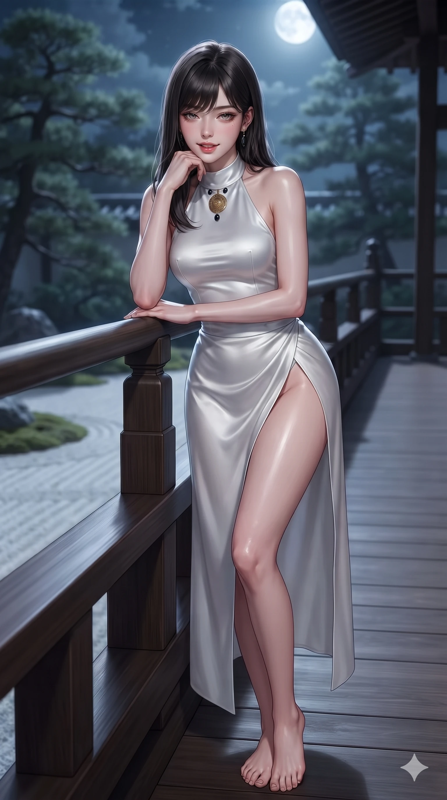 score_9, masterpiece, best quality, ultra-detailed, high-budget anime keyframe, editorial fashion photography, tasteful artistic composition, Korean woman. close-up cowboy shot from the waist and thighs up, the character dominates the composition, filling the frame with her large presence. resting one elbow on the lacquered balustrade and supporting her chin, leaning close to the camera with heavy-lidded sparkling eyes and parted lips while walking slowly along the timber veranda with hypnotic grace, hips swaying in an alluring sensual rhythm that accentuates her curvy silhouette. The background shows a soft-focus monastic zen dry garden at midnight softened in contemplative shallow focus. She has an exceptionally elegant, slender, and willowy female figure with an ultra-slim waist, flat toned midriff, narrow ribcage, and sculpted feminine hips creating an alluring, slim hourglass silhouette without bulk. sharp v-shaped jawline, high-bridge nose, sparkling eyes with hypnotic seductive depth, thick curled eyelashes, glossy parted lips with a natural dewy peach sheen, alluring bedroom-eyes with an enchanting coquettish smile, exuding magnetic siren charisma and sophisticated glamour, flawlessly proportioned anatomical accuracy, strict slender model proportions, natural body alignment, perfectly sculpted long slender limbs, ultra-slim waistline, clean dynamic posture without body distortion. wearing a sleek high-neck backless silk halter leotard styled with a high-slit chima wrap skirt revealing her long slender legs in celestial pearl white and moonlight platinum, tailored from smooth liquid silk satin with a natural dewy moonlight sheen, accented with an authentic engraved gold medallion and obsidian cabochons, the form-contouring silhouette accentuating her sculpted flat midriff, narrow delicate ribcage, and gracefully curvy hips with intoxicating allure. bathed in the blinding, crisp 5500K silver light of the full moon reflecting off white sand. ultra-reflective glossy finish, specular highlights, rich textural contrasts, high-contrast stereoscopic depth, volumetric dynamic lighting, 2k, ultra detail, master piece, 9:16 ratio