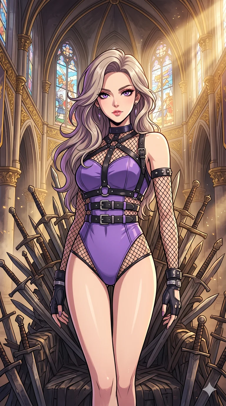 score_9, masterpiece, best quality, ultra-detailed, High-budget Anime Keyframe, beautiful Caucasian anime girl (strictly human ears). Upper body close-up from the thighs up, character filling the screen for maximum presence. Standing on a throne of swords in a grand hall with golden light rays. She has an absolutely perfect 8-heads proportion, an exceptionally tall and slender female figure with impossibly long slender legs and an ultra-slim waist. Sharp v-shaped jawline, high-bridge nose, intricate jewel-like eyes with depth, thick eyelashes, glossy lips with a natural sheen. Wearing a K-Idol Stage outfit: violet high-cut bodysuit with a leather harness and silver mesh details. Background is a bright and colorful palace interior with golden light rays and floating dust particles. 2k, ultra detail, master piece, 9:16 ratio