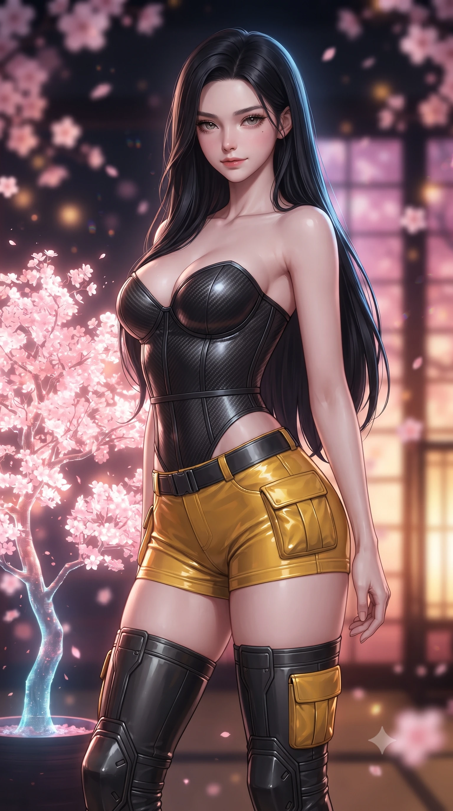 score_9, masterpiece, best quality, ultra-detailed, high-budget anime keyframe, editorial fashion photography, tasteful artistic composition, Korean woman. close-up cowboy shot from the waist and thighs up, the character dominates the composition, filling the frame with her large presence. turning slowly with a smoldering smile, her sleek hair catching the cockpit HUD rim light as her hips angle gracefully in a captivating contrapposto while standing poised beside a glowing holographic cherry blossom tree with hips cocked back, looking into the camera with bedroom-eyes. The background shows a soft-focus drifting holographic pink sakura blossoms and glowing digital shoji screens blurred into cherry blossom pink, gold, and midnight black bokeh. She has an exceptionally elegant, slender, and willowy female figure with an ultra-slim waist, flat toned midriff, narrow ribcage, and sculpted feminine hips creating an alluring, slim hourglass silhouette without bulk. sharp v-shaped jawline, high-bridge nose, intricate jewel-like sparkling eyes with depth, thick eyelashes, glossy parted lips with a natural sheen, bright confident smile with an enchanting and coquettish sensual glint, exuding both youthful magnetic charm and sovereign high-tech allure, flawlessly proportioned anatomical accuracy, strict slender model proportions, natural body alignment, perfectly sculpted long slender limbs, ultra-slim waistline, clean dynamic posture without body distortion. wearing a sculpted carbon-fiber bustier armor top paired with ultra-tight tactical cargo shorts and thigh-high armored boots in industrial hazard yellow and matte carbon black, tailored from ultra-reflective glossy liquid vinyl with mirror-like specular highlights, finished with delicate carbon-fiber boning framing the narrow waistline, the liquid-tight tailored fabric clinging flawlessly to her narrow waist and rounded feminine hips, emphasizing every millimeter of her sculpted slim hourglass curves without any bulky heaviness. bathed in soft, romantic cherry-pink and warm amber holographic glow. ultra-reflective glossy finish, specular highlights, rich textural contrasts, high-contrast stereoscopic depth, volumetric dynamic lighting, 2k, ultra detail, master piece, 9:16 ratio