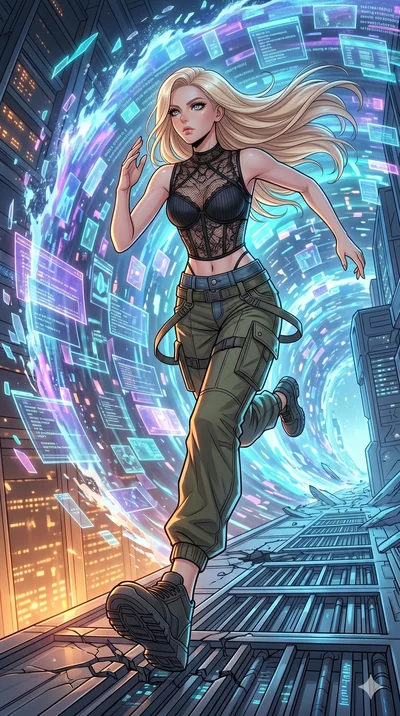 score_9, masterpiece, best quality, ultra-detailed, high-budget anime movie keyframe, cinematic anime lighting, intricate line art, Korean woman. Dynamic full-body shot stretching the vertical silhouette with extreme perspective. sprinting away from 