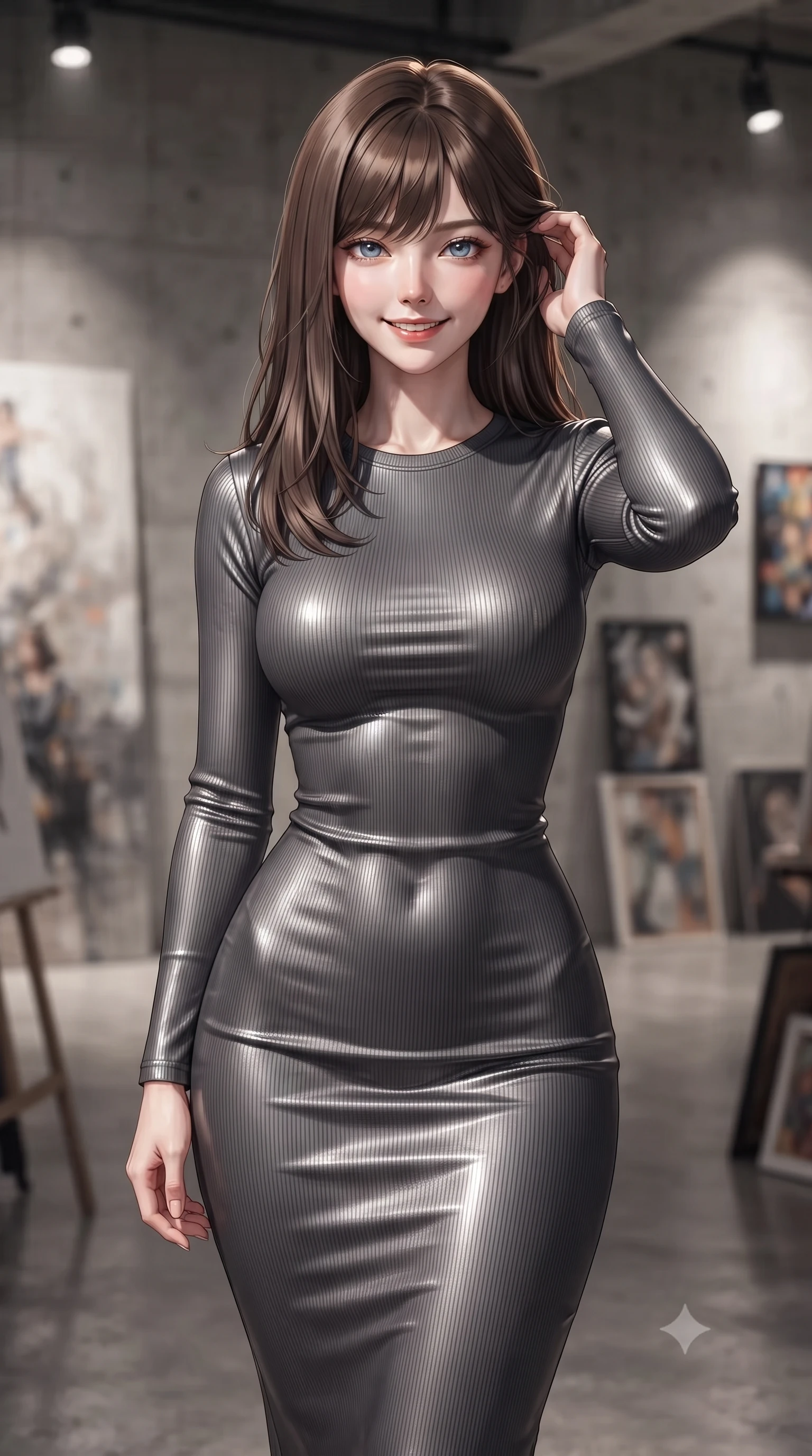 score_9, masterpiece, best quality, ultra-detailed, high-budget anime keyframe, editorial fashion photography, tasteful artistic composition, Korean woman woman. close-up cowboy shot from the waist and thighs up, the character dominates the composition, filling the frame with her large presence, background elements kept in soft focus. smiling with quiet, magnetic self-assurance directly into the camera, running a hand through her hair the background shows a soft-focus an art studio gallery with concrete walls, canvases, and spot lighting. She has an exceptionally elegant, slender, and willowy female figure with an ultra-slim waist, a gracefully sculpted slender torso, and a refined silhouette. sharp v-shaped jawline, high-bridge nose, intricate jewel-like eyes with depth, thick eyelashes, glossy lips with a natural sheen. wearing a slim-fit form-contouring ribbed bodycon midi dress in charcoal grey with long sleeves. focused spotlights casting sharp, detailed shadows across her figure. ultra-reflective glossy finish, specular highlights, metallic sheen, high-contrast stereoscopic depth, volumetric dynamic lighting, 2k, ultra detail, master piece, 9:16 ratio