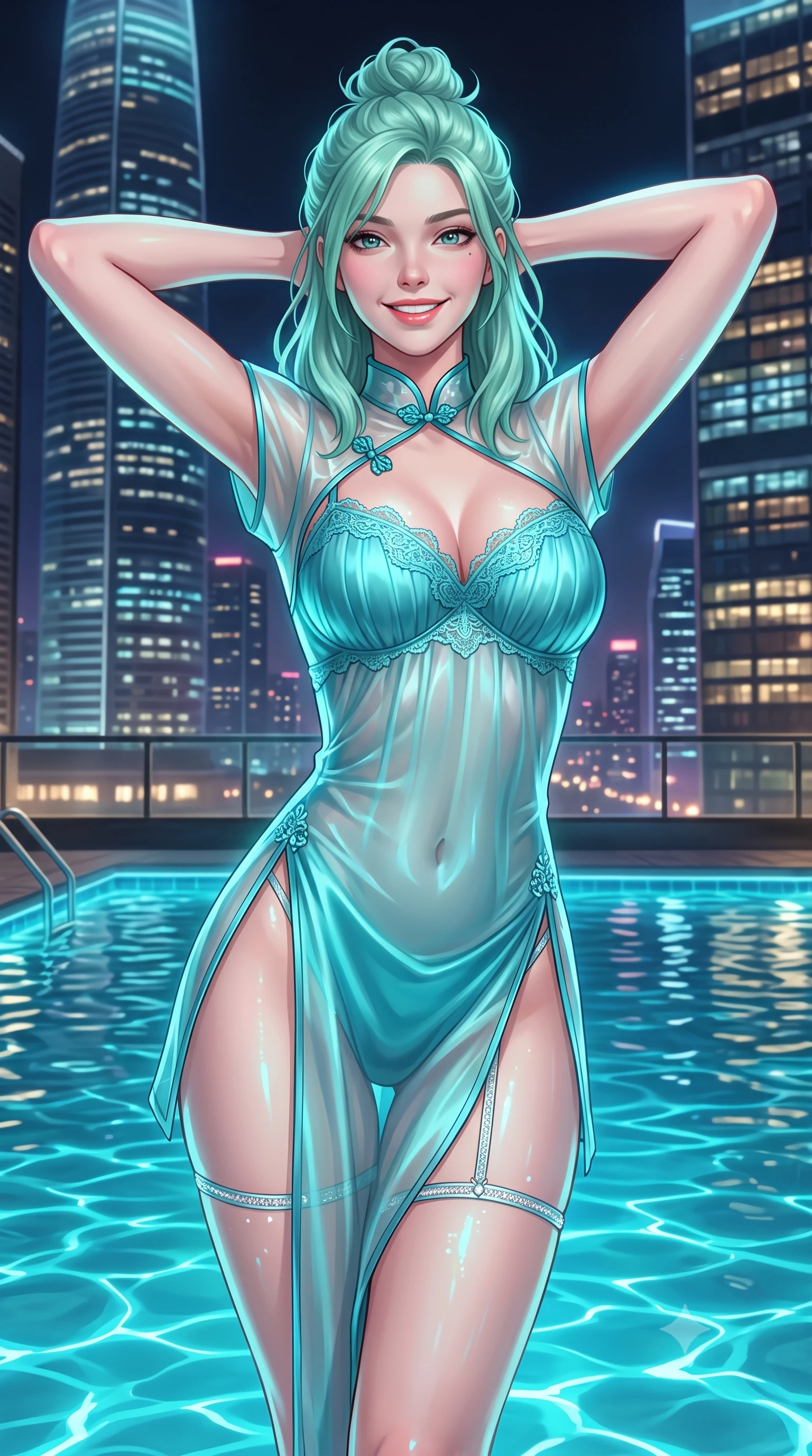 score_9, masterpiece, best quality, ultra-detailed, high-budget anime keyframe, semi-realistic 3D game render, editorial fashion photography, tasteful artistic composition, Japanese woman. close-up cowboy shot from the waist and thighs up, the character dominates the composition, filling the frame with her large presence. resting both hands lightly behind her neck with elbows raised, arching her spine to highlight her narrow waist, flat midriff, and breathtaking collarbones while twisting her slender torso in an alluring contrapposto stance beside the thermal hydro-pool, glowing cyan water caustics wrapping around her curves. The surrounding environment is rendered in vivid detail and crisp panoramic clarity: detailed provocative sheer silk organza modern qipao dress, high-cut side slits, and mega-skyscraper engineering in high resolution. She has an exceptionally elegant, slender, and willowy female figure with an ultra-slim waist, flat toned midriff, narrow ribcage, and sculpted feminine hips creating an alluring, slim hourglass silhouette without bulk. sharp v-shaped jawline, high-bridge nose, intricate jewel-like sparkling eyes with depth, thick eyelashes, glossy parted lips with a natural peach sheen, bright cheerful beaming smile with an enchanting and coquettish sensual glint, exuding both youthful cute charm and seductive allure, flawlessly proportioned anatomical accuracy, strict slender model proportions, natural body alignment, perfectly sculpted long slender limbs, ultra-slim waistline, clean dynamic posture without body distortion. wearing a form-contouring sheer pleated georgette baby-doll slip with plunging sweetheart neckline and scalloped lace trim in Mediterranean bioluminescent teal and radiant pearl, crafted from fluid liquid silk satin that clings smoothly to her narrow waist and rounded hips with a dewy sheen, finished with delicate crystal-encrusted thigh garter straps glinting in the dim light, the glove-like clinging cut tightly following the natural contour of her hips and long slender legs with youthful 8.5-heads elegance. illuminated by water surface reflection bounce and sharp platinum-cyan rim lights defining her dewy collarbones, ultra-slim waist, and curvy hips. highly saturated vibrant anime colors, detailed shading with soft gradients, rich glossy textures, high-contrast stereoscopic depth, volumetric dynamic lighting, master piece, 9:16 ratio