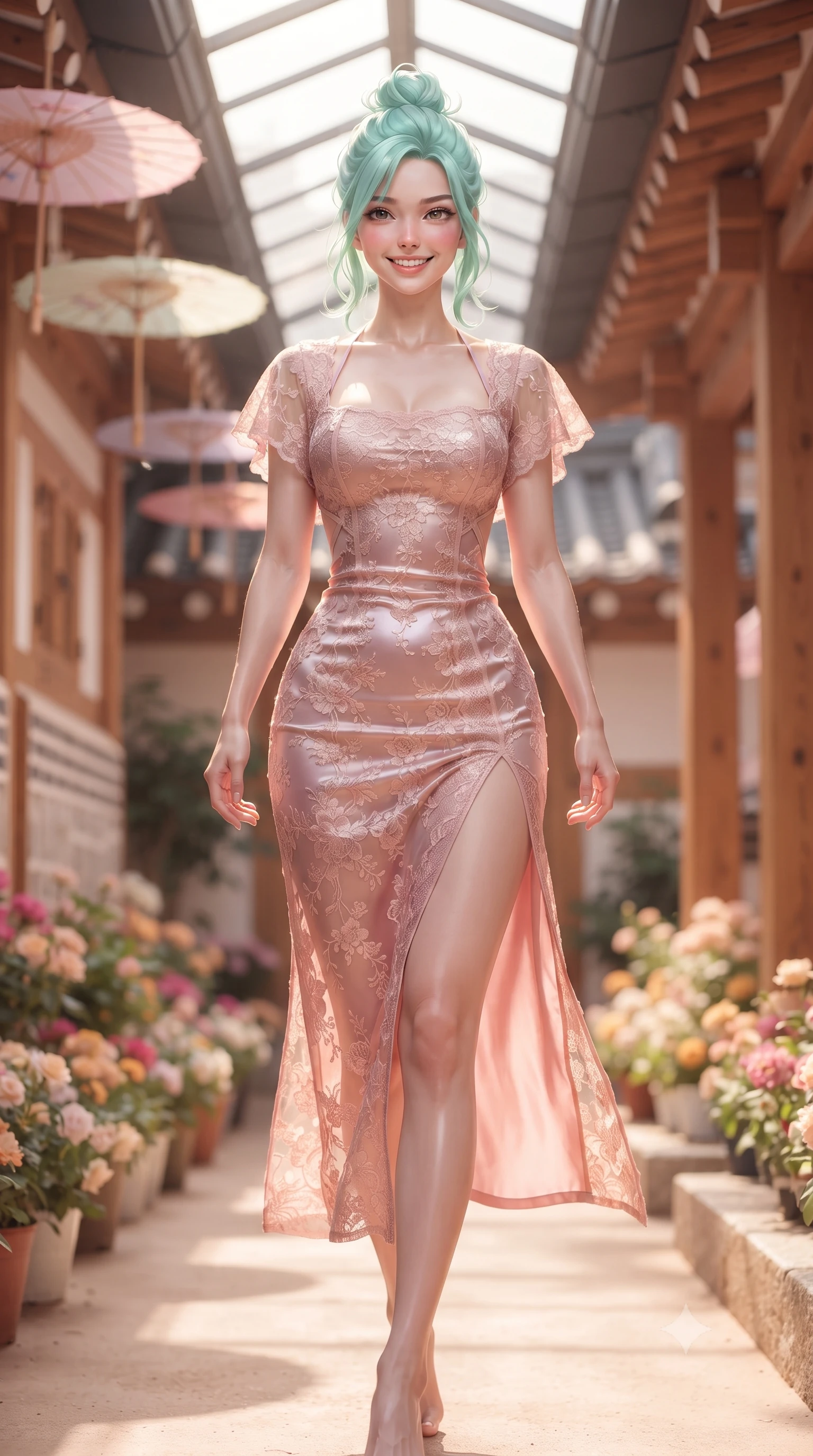score_9, masterpiece, best quality, ultra-detailed, high-budget anime keyframe, editorial fashion photography, tasteful artistic composition, Japanese woman. low angle full-body shot from head to toe showing her feet, filling the entire 9:16 vertical frame with her statuesque presence, stretching her vertical silhouette. stepping forward gracefully in mid-motion with a radiant beaming smile, hips swaying in an alluring kinetic rhythm that accentuates her curvy hourglass silhouette and long slender legs while walking gracefully down the narrow flower-lined hanok alley, her form-fitting outfit hugging her narrow waist and rounded hips in a captivating rhythm. The composition keeps background elements in soft focus with dreamy creamy bokeh. traditional curved Korean roof tiles, hanging pastel paper parasols, and warm wood pillars blurred into honey, peach, and soft charcoal bokeh. She has an exceptionally tall and slender model-like 8.5-heads proportion, an ultra-slim waist, a flat toned midriff, narrow delicate ribcage, and beautifully sculpted feminine hips creating a graceful, slim hourglass silhouette without any bulky heaviness, with impossibly long slender legs. sharp v-shaped jawline, high-bridge nose, intricate jewel-like sparkling eyes with depth, thick eyelashes, glossy parted lips with a natural peach sheen, bright cheerful beaming smile with an enchanting and coquettish sensual glint, exuding both youthful cute charm and seductive allure, flawlessly proportioned anatomical accuracy, strict slender model proportions, natural body alignment, perfectly sculpted long slender limbs, ultra-slim waistline, clean dynamic posture without body distortion. wearing a breezy silk-satin slip dress featuring a thigh-high side slit ascending to the high hip and criss-cross back straps in cherry blossom pink and soft rose gold, made of sheer contouring stretch lace with delicate floral patterns, featuring elegant flutter sleeves and a graceful square neckline, the form-fitting cut adhering flawlessly to her sculpted flat midriff and slender torso, emphasizing her long leg lines and perfectly proportioned willowy build. bathed in warm morning sunlight filtering through open glass courtyard roofs. ultra-reflective glossy finish, specular highlights, rich textural contrasts, high-contrast stereoscopic depth, volumetric dynamic lighting, 2k, ultra detail, master piece, 9:16 ratio