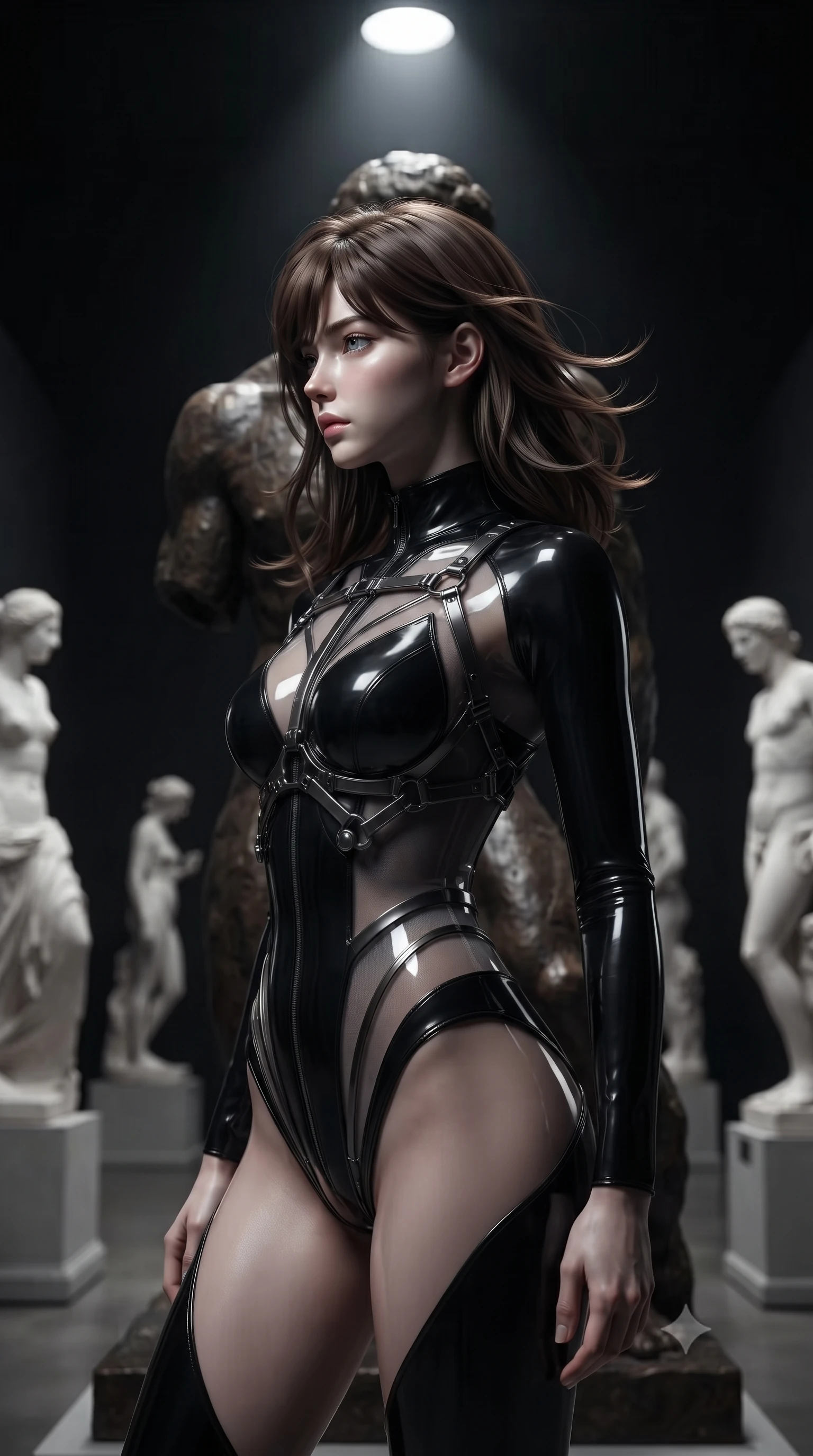score_9, masterpiece, best quality, ultra-detailed, high-budget anime keyframe, editorial fashion photography, tasteful artistic composition, Korean woman. close-up cowboy shot from the waist and thighs up, the character dominates the composition, filling the frame with her large presence, background elements kept in soft focus. Turning her face in sharp dramatic profile against the key light, poised before a giant abstract bronze statue in a pitch-black gallery hall, white marble classical statues framing her statuesque, model-like figure. She has an exceptionally elegant, slender, and willowy female figure with an ultra-slim waist, a gracefully sculpted slender torso, and a refined silhouette. sharp v-shaped jawline, high-bridge nose, intricate jewel-like eyes with depth, thick eyelashes, glossy lips with a natural sheen. wearing translucent liquid acrylic splash bodysuit with semi-opaque dark mesh in pearl white, made of polished black leather, highlighted by a gunmetal metallic harness structure, sculpting her athletic slender build with refined precision. illuminated by a single dramatic theatrical spotlight from directly overhead. ultra-reflective glossy finish, specular highlights, metallic sheen, high-contrast stereoscopic depth, volumetric dynamic lighting, 2k, ultra detail, master piece, 9:16 ratio