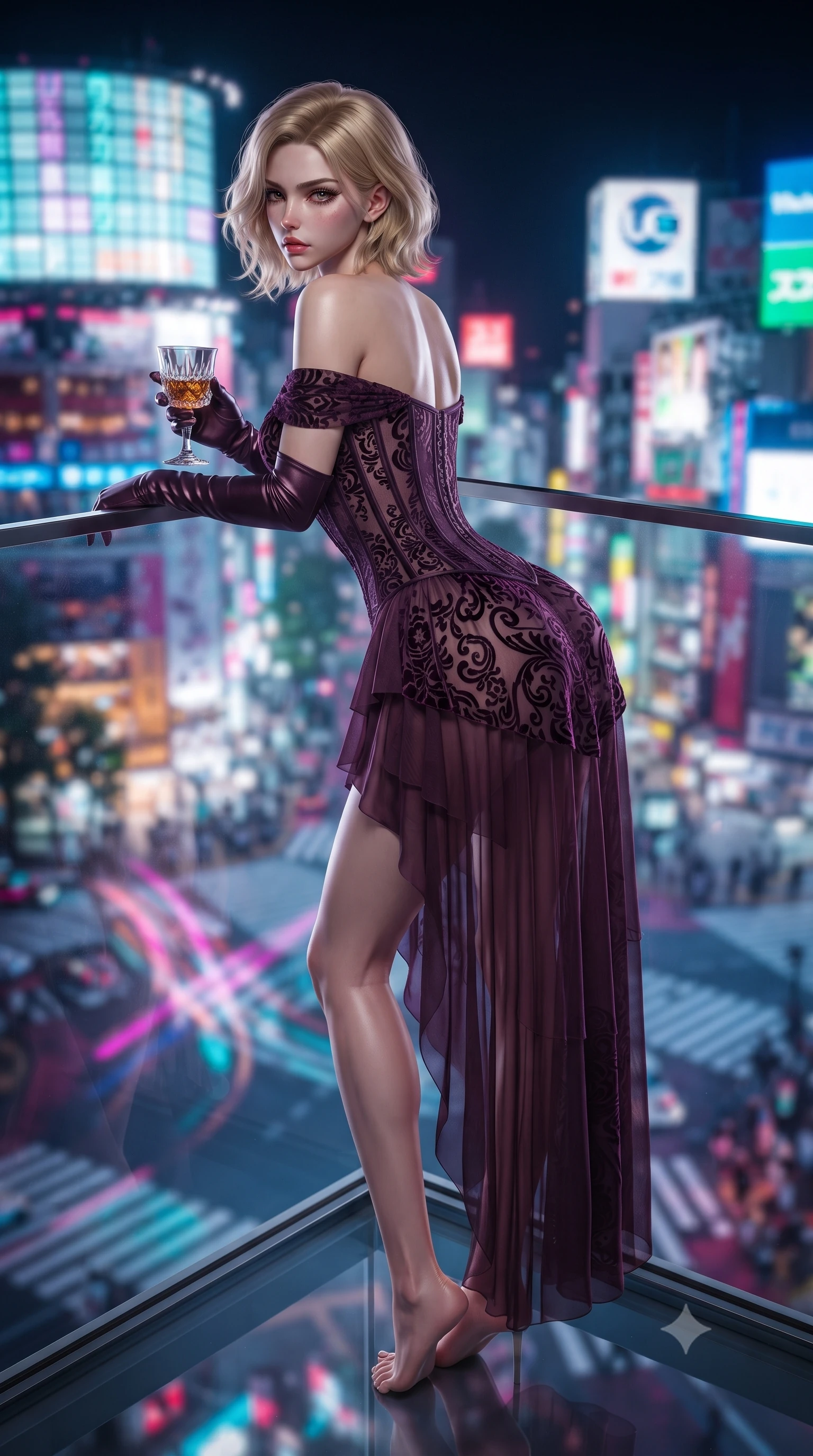 score_9, masterpiece, best quality, ultra-detailed, high-budget anime keyframe, editorial fashion photography, tasteful artistic composition, Caucasian woman. low angle full-body shot from head to toe showing her feet, filling the entire 9:16 vertical frame with her statuesque presence, stretching her vertical silhouette. posing with back turned slightly to the lens, glancing back with smoldering allure as she arches her lower back to emphasize her sculpted feminine hips and slender waist while leaning deep against the transparent cantilevered glasscube railing suspended 300 meters above Shibuya, hips cocked back as neon crossroads swirl beneath her feet. The composition keeps background elements in soft focus with creamy bokeh. swirling Tokyo neon traffic trails and digital billboard light grids blurred into electric magenta, cyan, and amber bokeh. She has an exceptionally tall and slender model-like 8.5-heads proportion, an ultra-slim waist, a flat toned midriff, narrow delicate ribcage, and beautifully sculpted feminine hips creating a graceful, slim hourglass silhouette without any bulky heaviness, with impossibly long slender legs. sharp v-shaped jawline, high-bridge nose, intricate jewel-like eyes with depth, thick eyelashes, glossy parted lips with a natural sheen, intensely captivating and seductive bedroom-eyes expression, flawlessly proportioned anatomical accuracy, strict slender model proportions, natural body alignment, perfectly sculpted long slender limbs, ultra-slim waistline, clean dynamic posture without body distortion. wearing an off-shoulder French court corset bodice dress paired with a tiered translucent chiffon slit skirt in deep plum violet and antique bronze, made of sheer contouring power-mesh with velvet flocking patterns, accessorized with opera-length satin gloves and a vintage crystal glass, the glove-like aerodynamic silhouette tightly following the natural contour of her hips and long slender legs with statuesque 8.5-heads elegance. illuminated by wet specular glass bounce lights sculpting her razor-sharp jawline, narrow waist, and curvy hips. ultra-reflective glossy finish, specular highlights, rich textural contrasts, high-contrast stereoscopic depth, volumetric dynamic lighting, 2k, ultra detail, master piece, 9:16 ratio
