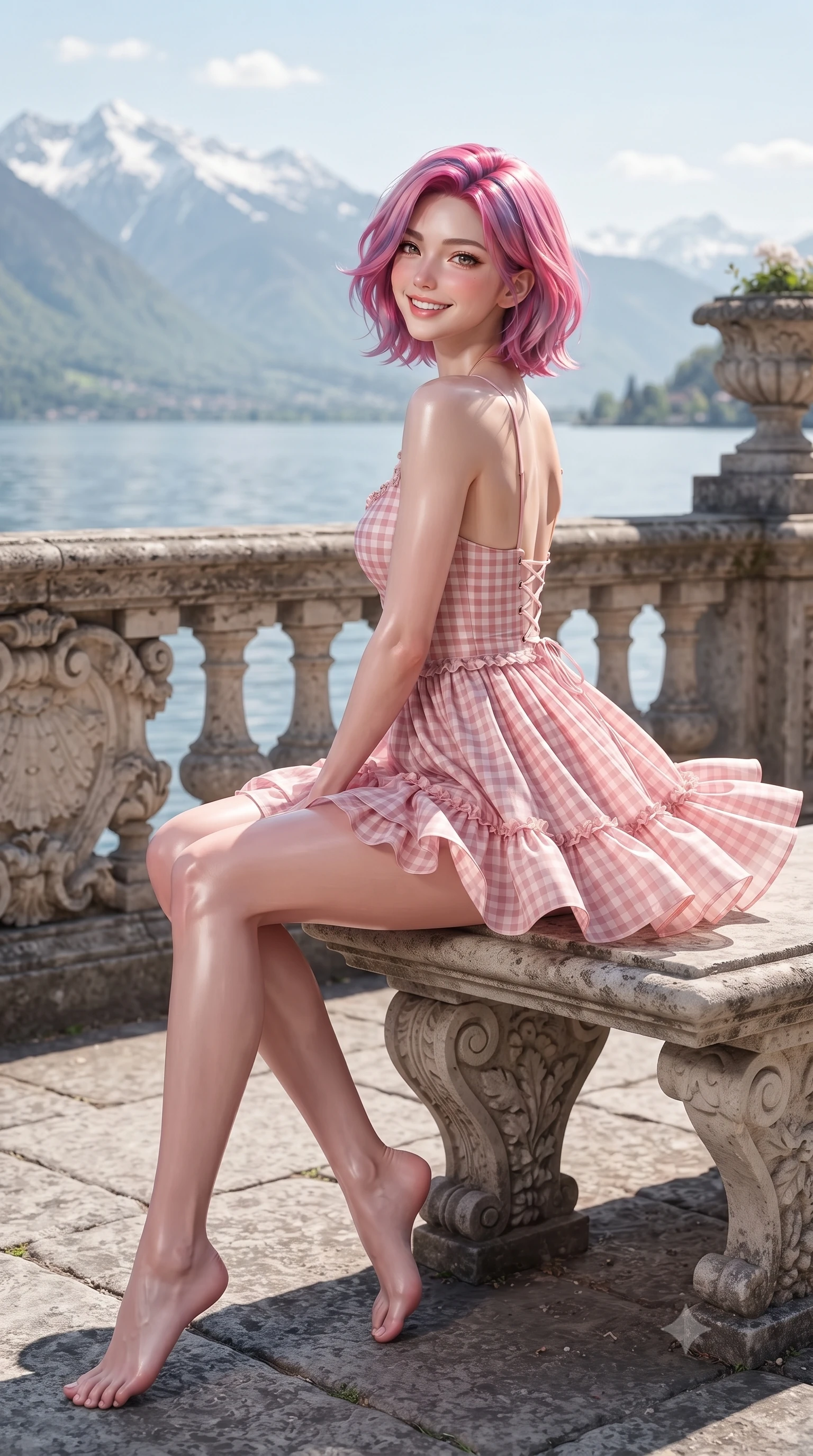 score_9, masterpiece, best quality, ultra-detailed, high-budget anime keyframe, editorial fashion photography, tasteful artistic composition, Caucasian woman. low angle full-body shot from head to toe showing her feet, filling the entire 9:16 vertical frame with her statuesque presence, stretching her vertical silhouette. executing a cheerful mid-motion pivot turn as her skirt flutters around her slender legs, glancing over her shoulder with an intoxicating, teasing cute expression while sitting on a lakeside stone bench with legs crossed, her long slender legs and curvy hips framed by distant snow-tipped Alpine peaks. The surrounding environment is rendered in vivid detail and crisp panoramic clarity. sharp classical stone balustrade carvings, azalea petal venation, and lake water caustics in deep focus. She has an exceptionally tall and slender model-like 8.5-heads proportion, an ultra-slim waist, a flat toned midriff, narrow delicate ribcage, and beautifully sculpted feminine hips creating a graceful, slim hourglass silhouette without any bulky heaviness, with impossibly long slender legs. sharp v-shaped jawline, high-bridge nose, intricate jewel-like sparkling eyes with depth, thick eyelashes, glossy parted lips with a natural peach sheen, bright cheerful beaming smile with an enchanting and coquettish sensual glint, exuding both youthful cute charm and seductive allure, flawlessly proportioned anatomical accuracy, strict slender model proportions, natural body alignment, perfectly sculpted long slender limbs, ultra-slim waistline, clean dynamic posture without body distortion. wearing a backless lace-up gingham sundress with a form-fitting bodice and hip-defining silhouette in cherry blossom pink and soft rose gold, woven from layered gossamer organza with weightless flutter, finished with subtle ruffle trims and delicate pearl buttons, the high-waisted tailoring accentuating her ultra-slim waistline and the enchanting curve of her feminine hips with alluring charm. illuminated by intense specular lake water reflections sharply defining her sculpted collarbones, ultra-slim waist, and curvy hips. ultra-reflective glossy finish, specular highlights, rich textural contrasts, high-contrast stereoscopic depth, volumetric dynamic lighting, 2k, ultra detail, master piece, 9:16 ratio