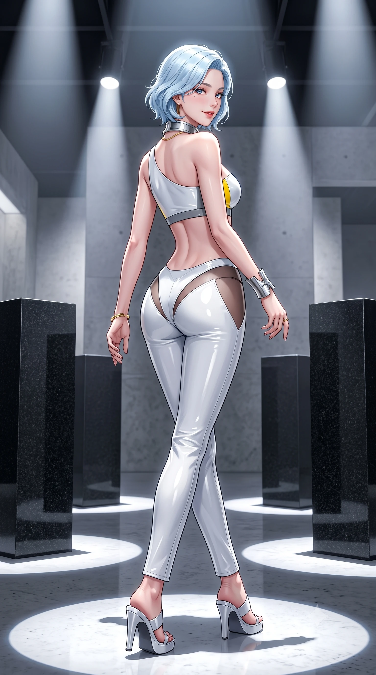 score_9, masterpiece, best quality, ultra-detailed, high-budget anime keyframe, semi-realistic 3D game render, editorial fashion photography, tasteful artistic composition, Korean woman. low angle full-body shot from head to toe showing her feet, filling the entire 9:16 vertical frame with her statuesque presence, stretching her vertical silhouette. executing a slow, graceful pivot turn as her skirt sways around her slender legs, glancing back with an enchanting, teasing sensual expression while standing tall between towering black granite pedestals, arching her back with sovereign minimalist fashion authority. The surrounding environment is rendered in vivid detail and crisp panoramic clarity: detailed sheer illusion mesh gown inserts, gold jewelry glints, and contemporary exhibition space design in razor-sharp precision. She has an absolutely perfect, statuesque 8.5-heads proportion, an exceptionally tall and slender model-like female figure with impossibly long slender legs, an ultra-slim waist, a flat toned midriff, narrow delicate ribcage, and beautifully sculpted feminine hips creating a graceful, slim hourglass silhouette without any bulky heaviness. sharp v-shaped jawline, high-bridge nose, sparkling eyes with hypnotic seductive depth, thick curled eyelashes, glossy parted lips with a natural dewy peach sheen, alluring bedroom-eyes with an enchanting coquettish smile, exuding magnetic siren charisma and sophisticated glamour, flawlessly proportioned anatomical accuracy, strict slender model proportions, natural body alignment, perfectly sculpted long slender limbs, ultra-slim waistline, clean dynamic posture without body distortion. wearing a form-contouring one-shoulder minimalist bandeau top paired with low-rise tailored trousers with sheer hip cutouts in Bauhaus optic white and concrete grey with primary yellow accents, crafted from wet-look high-gloss vinyl fabric with dazzling specular surface reflections, finished with a sculptural silver torque collar and a matching wide architectural wrist cuff, the precision-cut side openings and low-back scoop framing her graceful spine and the sensual sweep of her slim, toned hips. bathed in dramatic spotlighting casting crisp geometric pooling circles of white light on the floor. highly saturated vibrant anime colors, detailed shading with soft gradients, rich glossy textures, high-contrast stereoscopic depth, volumetric dynamic lighting, master piece, 9:16 ratio
