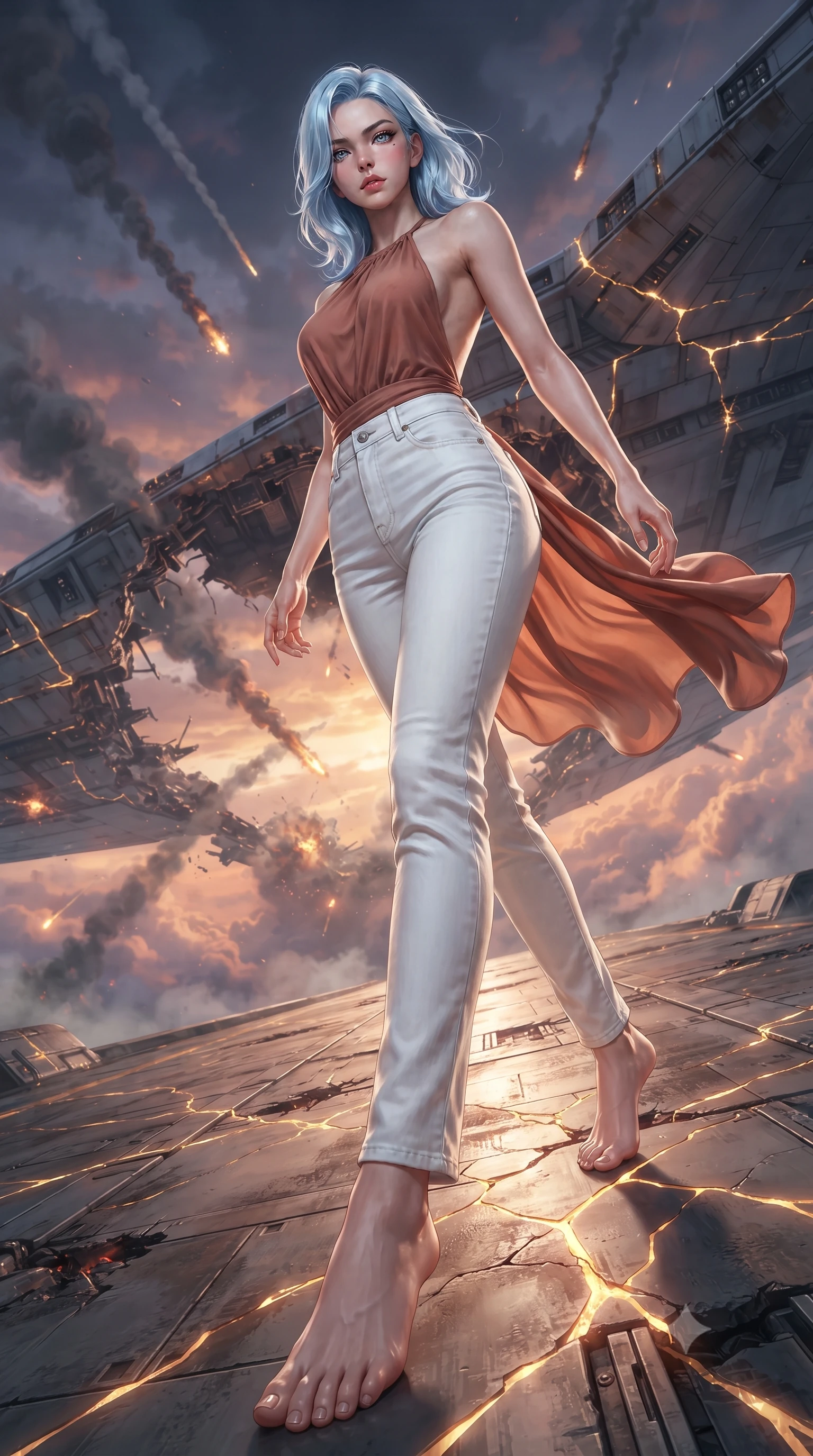 score_9, masterpiece, best quality, ultra-detailed, high-budget anime keyframe, editorial fashion photography, tasteful artistic composition, realistic cosplay photography, Korean woman. low angle full-body shot from head to toe showing her feet, filling the entire 9:16 vertical frame with her statuesque presence, stretching her vertical silhouette. skidding across a metal flight deck as the starship tilts violently during battle inside falling through the upper atmosphere of an alien planet during a battle, smoke trails and explosions in the clouds. She has a statuesque 8.5-heads proportion, an exceptionally tall, slender and willowy model-like build with impossibly long legs and a highly sculpted ultra-slim waist. sharp v-shaped jawline, high-bridge nose, intricate jewel-like eyes with depth, thick eyelashes, glossy lips with a natural sheen. wearing the lightweight fabric rippling and billowing dramatically with her movement, a body-hugging backless halter-neck top in muted terracotta, paired with high-waisted white denim trousers. glowing kintsugi gold light radiating from cracks in the environment creating a majestic inner glow. ultra-reflective glossy finish, specular highlights, metallic sheen, high-contrast stereoscopic depth, volumetric dynamic lighting, 2k, ultra detail, master piece, 9:16 ratio