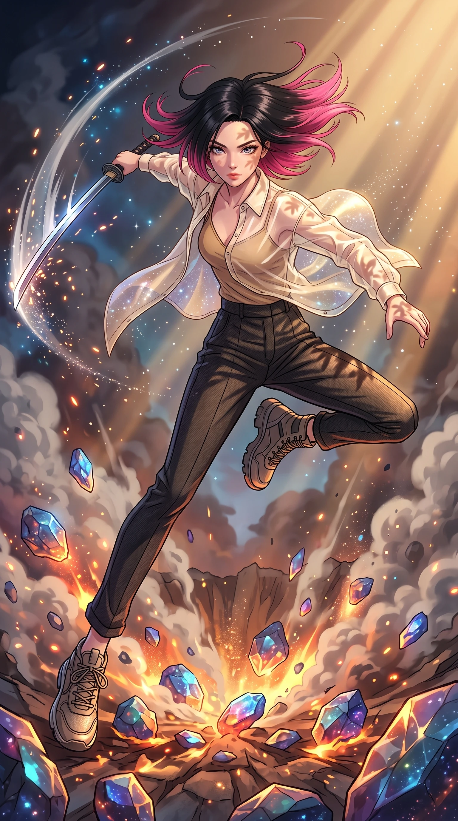 score_9, masterpiece, best quality, ultra-detailed, high-budget anime keyframe, clean line-art, cel-shading, Korean woman. low angle full-body shot from head to toe showing her feet, filling the entire 9:16 vertical frame with her statuesque presence, stretching her vertical silhouette. leaping dynamically high in the air while slicing forward with wind-whipped hair through a smoking impact crater with glowing space rocks, the air thick with mineral smoke and ionized stardust. She has a statuesque 8.5-heads proportion, an exceptionally tall, slender and willowy model-like build with impossibly long legs and a highly sculpted ultra-slim waist. sharp v-shaped jawline, high-bridge nose, intricate jewel-like eyes with depth, thick eyelashes, glossy lips with a natural sheen. wearing catching and diffusing the glowing particles, shimmering softly in response to the surrounding light, a slim-fit semi-transparent cream organza oversized shirt layered naturally over a tan-colored camisole top, paired with tailored trousers. warm golden afternoon sunbeams casting soft organic leaf shadows across her skin. highly saturated vibrant anime colors, intense vivid color palette, volumetric dynamic lighting, 2k, ultra detail, master piece, 9:16 ratio