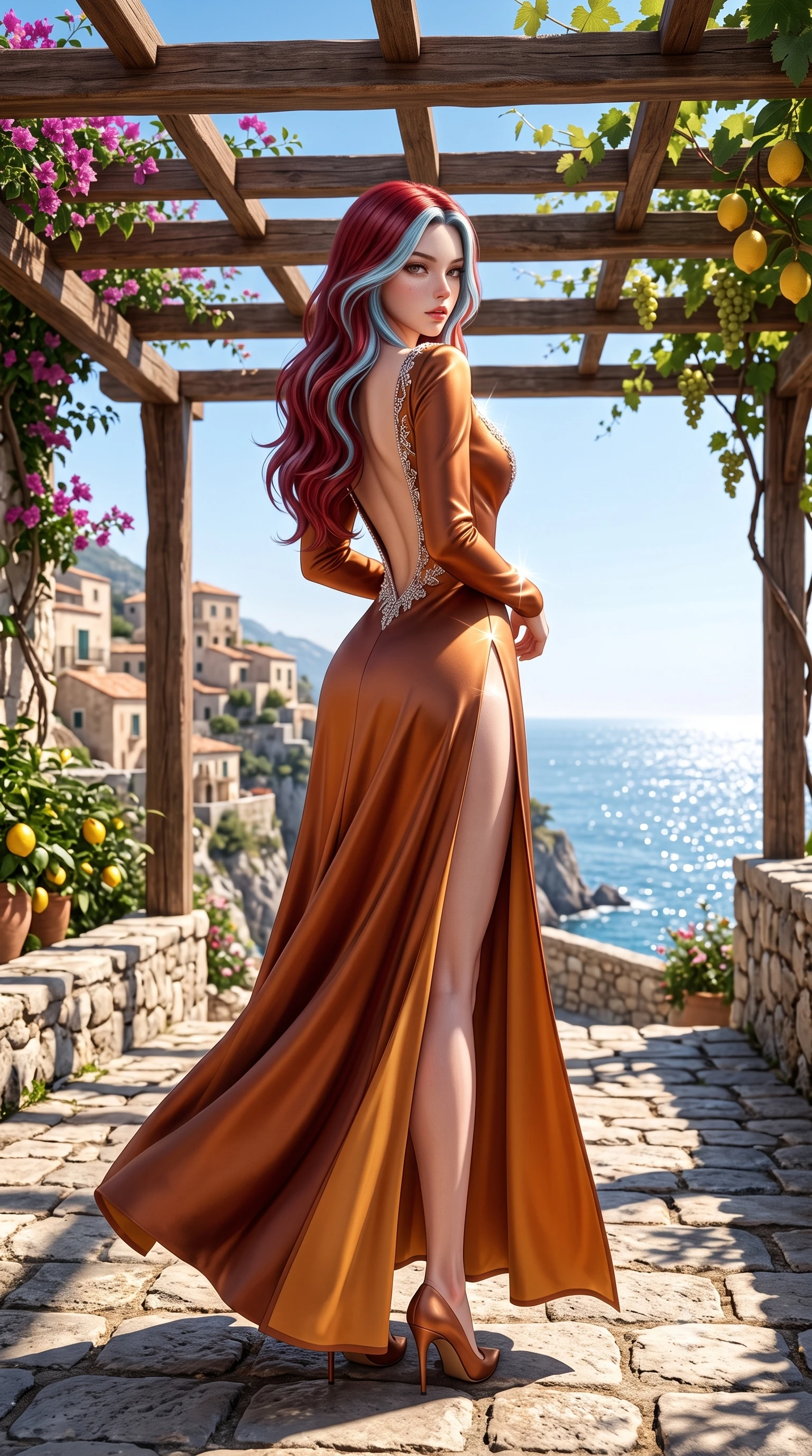 score_9, masterpiece, best quality, ultra-detailed, high-budget anime keyframe, semi-realistic 3D game render, editorial fashion photography, tasteful artistic composition, Caucasian woman. low angle full-body shot from head to toe showing her feet, filling the entire 9:16 vertical frame with her statuesque presence, stretching her vertical silhouette. posing with back turned slightly to the lens, glancing back with smoldering allure as she arches her lower back to emphasize her sculpted feminine hips and slender waist while standing poised on the sun-dappled cobblestone path, twisting her slender torso in an alluring contrapposto stance as the Mediterranean breeze flutters her dress. The surrounding environment is rendered in vivid detail and crisp panoramic clarity. sharp rustic chestnut wood pergola beams, rough limestone paving stones, and lemon rind texture in deep focus. She has an exceptionally tall and slender model-like 8.5-heads proportion, an ultra-slim waist, a flat toned midriff, narrow delicate ribcage, and beautifully sculpted feminine hips creating a graceful, slim hourglass silhouette without any bulky heaviness, with impossibly long slender legs. sharp v-shaped jawline, high-bridge nose, intricate jewel-like eyes with depth, thick eyelashes, glossy parted lips with a natural sheen, intensely captivating and seductive bedroom-eyes expression, flawlessly proportioned anatomical accuracy, strict slender model proportions, natural body alignment, perfectly sculpted long slender limbs, ultra-slim waistline, clean dynamic posture without body distortion. wearing a plunging-V neckline duchess satin gown with high side slits ascending to the high hip in rich copper bronze and warm amber, tailored from water-resistant treated wool gabardine and flexible stretch silk, finished with delicate crystal frost embroidery tracing the plunging neckline, the dramatically scooped open back descending to the base of her spine, accentuating her razor-sharp statuesque lines and slim hourglass silhouette. illuminated by intense specular sea surface glints defining her sculpted collarbones, narrow waist, and curvy hips. highly saturated vibrant anime colors, detailed shading with soft gradients, rich glossy textures, high-contrast stereoscopic depth, volumetric dynamic lighting, master piece, 9:16 ratio