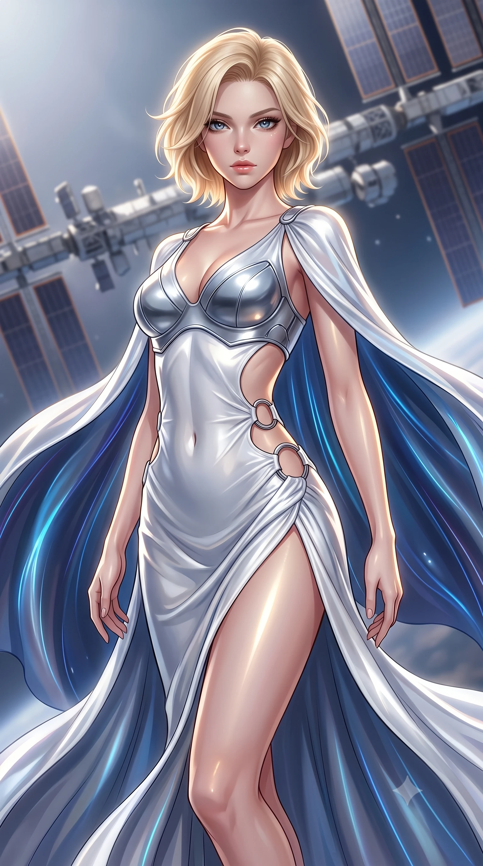 score_9, masterpiece, best quality, ultra-detailed, high-budget anime keyframe, editorial fashion photography, tasteful artistic composition, Caucasian woman. close-up cowboy shot from the waist and thighs up, the character dominates the composition, filling the frame with her large presence. gazing forward with divine sovereign poise, captivating jewel-like eyes shining with transcendent luminescence and alluring grace while arching her spine in a fluid zero-gravity turn as solar wind flares and cosmic rays trace her statuesque silhouette. The composition keeps background elements in soft focus with creamy bokeh. orbital solar array trusses and satellite modules softened in smooth cosmic atmospheric focus. She has an exceptionally elegant, slender, and willowy female figure with an ultra-slim waist, a gracefully sculpted slender torso, toned flat midriff, and a refined slim silhouette. sharp v-shaped jawline, high-bridge nose, intricate jewel-like eyes with depth, thick eyelashes, glossy lips with a natural sheen, flawlessly proportioned anatomical accuracy, strict slender model proportions, natural body alignment, perfectly sculpted long slender limbs, ultra-slim waistline, clean dynamic posture without body distortion. wearing a form-contouring white liquid-mercury gown with polished silver biomechanical breastplate and flowing luminescent chiffon cape in liquid platinum silver and deep sapphire blue LED filaments, made of smooth flowing silk chiffon that shifts colors with movement, detailed with polished silver rings connecting the daring side-waist cutouts, the liquid-tight tailored fabric emphasizing every curve of her tall, slender model proportions and sculptured silhouette during dynamic movement. illuminated by crisp gold specular highlights sharply defining her ultra-slim waist, long legs, and flat midriff. ultra-reflective glossy finish, specular highlights, dark metallic sheen, high-contrast stereoscopic depth, volumetric dynamic lighting, 2k, ultra detail, master piece, 9:16 ratio
