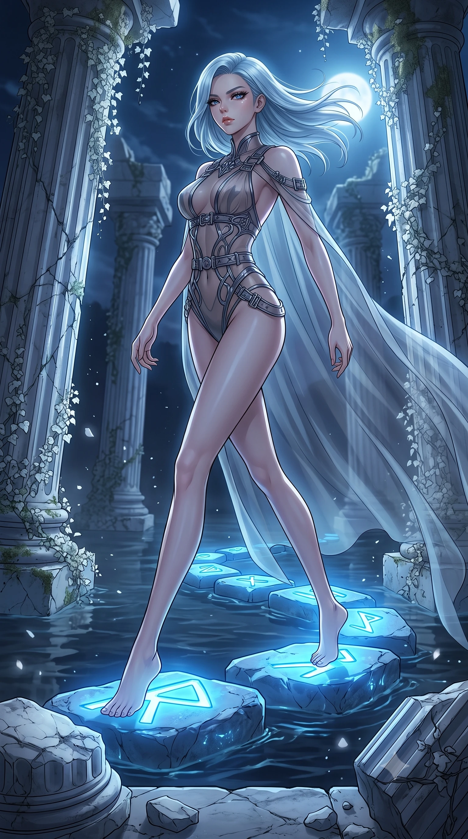score_9, masterpiece, best quality, ultra-detailed, High-budget Anime Keyframe, East Asian woman. Dynamic full-body shot stretching the vertical silhouette to the limit. Scenario 350: stepping across glowing azure stones in a moonlit ancient temple with collapsing marble pillars and white ivy. Her presence is magnetic and overpowering in this high-budget anime scene. Outfit 350: a slim-fit sheer organza second with a backless design and metallic buckles. The clothing is designed to emphasize her exceptionally tall and slender 8-heads proportion. 8-heads proportion, towering silhouette, ultra-slim waist. sharp v-shaped jawline, intricate jewel-like eyes with depth, thick eyelashes, glossy lips. 2k, ultra detail, master piece, 9:16 ratio