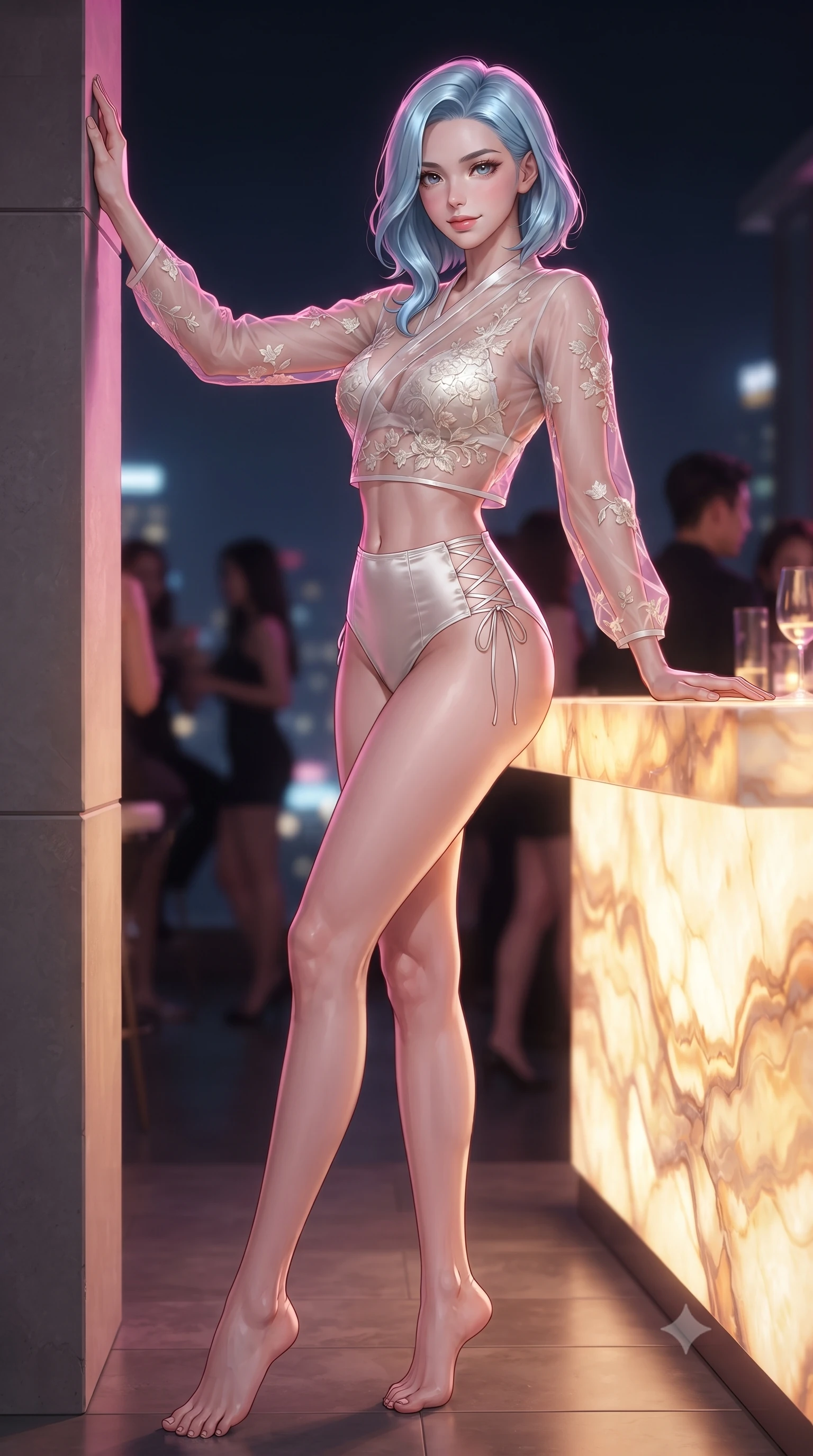 score_9, masterpiece, best quality, ultra-detailed, high-budget anime keyframe, editorial fashion photography, tasteful artistic composition, Korean woman. low angle full-body shot from head to toe showing her feet, filling the entire 9:16 vertical frame with her statuesque presence, stretching her vertical silhouette. standing tall beside the architectural column, one hand resting high while arching her lower back to emphasize her sculpted feminine hips and slender waist while leaning back against the glowing onyx cocktail ledge with hips cocked back, looking into the lens with an intoxicating, bedroom-smile. The background shows a soft-focus glowing LED cocktail tables softened in exclusive rooftop club shallow focus. She has an absolutely perfect, statuesque 8.5-heads proportion, an exceptionally tall and slender model-like female figure with impossibly long slender legs, an ultra-slim waist, a flat toned midriff, narrow delicate ribcage, and beautifully sculpted feminine hips creating a graceful, slim hourglass silhouette without any bulky heaviness. sharp v-shaped jawline, high-bridge nose, sparkling eyes with hypnotic seductive depth, thick curled eyelashes, glossy parted lips with a natural dewy peach sheen, alluring bedroom-eyes with an enchanting coquettish smile, exuding magnetic siren charisma and sophisticated glamour, flawlessly proportioned anatomical accuracy, strict slender model proportions, natural body alignment, perfectly sculpted long slender limbs, ultra-slim waistline, clean dynamic posture without body distortion. wearing a provocative sheer illusion mesh jeogori with strategic embroidered silk flowers over a micro-bralette and satin briefs in pure pearl alabaster with platinum sheen, crafted from fluid liquid silk satin that clings smoothly to every curve with a dewy sheen, featuring fine criss-cross lace-up side ties revealing tantalizing glimpses of her hip curve, the liquid-tight tailored fabric clinging flawlessly to her narrow waist and rounded feminine hips, emphasizing every millimeter of her sculpted slim hourglass curves without any bulky heaviness. illuminated by glowing bar surface bounce and sharp magenta-gold rim lights sculpting her jawline, flat midriff, and curvaceous hips. ultra-reflective glossy finish, specular highlights, rich textural contrasts, high-contrast stereoscopic depth, volumetric dynamic lighting, 2k, ultra detail, master piece, 9:16 ratio