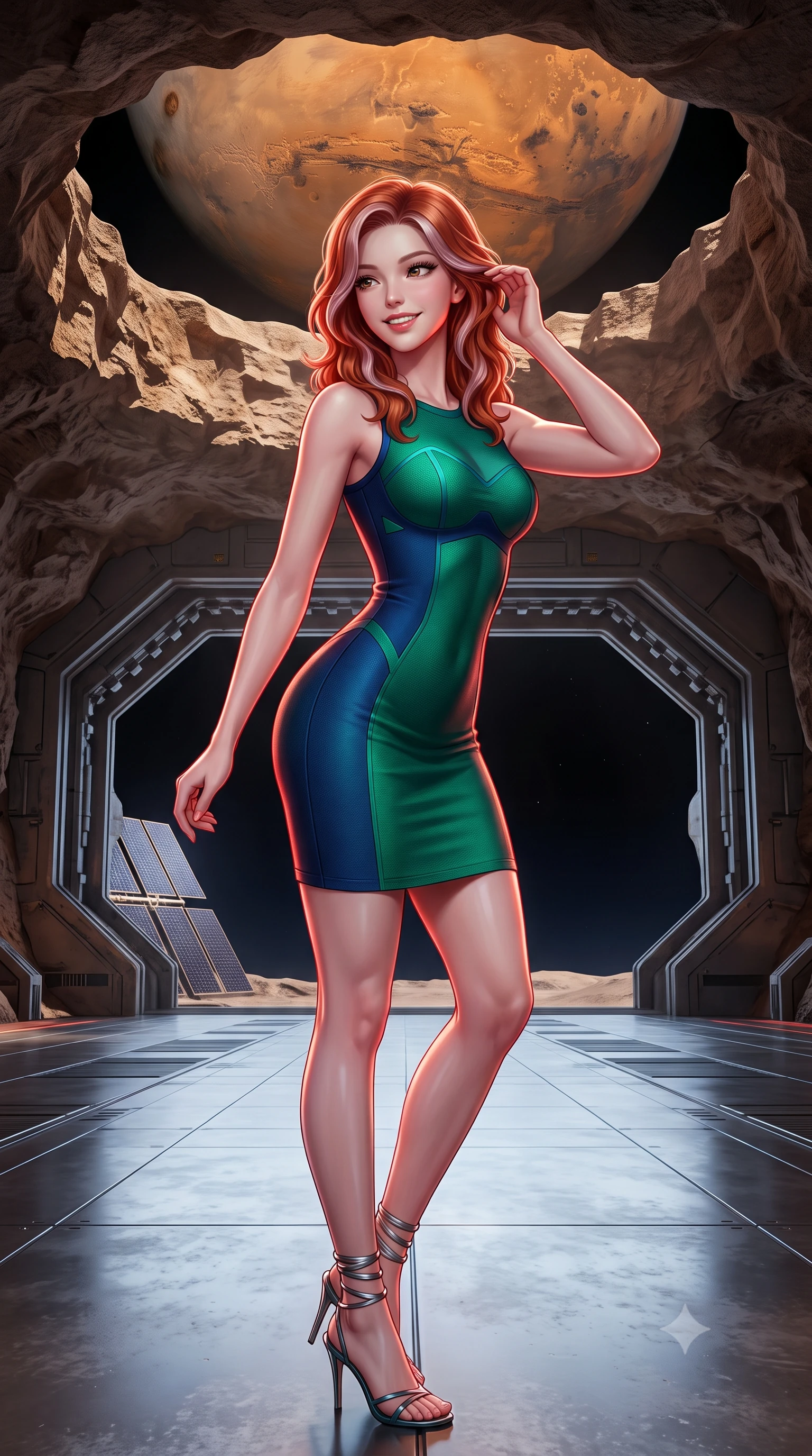 score_9, masterpiece, best quality, ultra-detailed, high-budget anime keyframe, semi-realistic 3D game render, editorial fashion photography, tasteful artistic composition, Caucasian woman. close-up cowboy shot from the waist and thighs up, the character dominates the composition, filling the frame with her large presence. gently brushing a lock of hair behind her ear while casting a playful, flirtatious side-gaze with long eyelashes while standing poised inside the cavernous crater hangar opening directly onto the airless void, arching her lower back with commanding presence as the gigantic ochre disk of Mars looms above. The surrounding environment is rendered in vivid detail and crisp panoramic clarity: sharp crater rock ceiling textures, heavy hydraulic hangar door teeth, and crisp solar array shadows in deep focus. She has an exceptionally elegant, slender, and willowy female figure with an ultra-slim waist, flat toned midriff, narrow ribcage, and sculpted feminine hips creating an alluring, slim hourglass silhouette without bulk. sharp v-shaped jawline, high-bridge nose, intricate jewel-like sparkling eyes with depth, thick eyelashes, glossy parted lips with a natural peach sheen, bright cheerful beaming smile with an enchanting and coquettish sensual glint, exuding both youthful cute charm and seductive allure, flawlessly proportioned anatomical accuracy, strict slender model proportions, natural body alignment, perfectly sculpted long slender limbs, ultra-slim waistline, clean dynamic posture without body distortion. wearing a dense bandage-knit tactical officer dress with subtle geometric chest accents contouring her delicate ribcage and feminine hips in bioluminescent emerald and abyssal sapphire, made of fluid liquid jersey with seamless sculpting hold and smooth contours, complemented by strappy stiletto sandals with metallic ankle wraps accentuating her slender calves, the bespoke structured tailoring following the natural line of her 8.5-heads silhouette with refined elegance. illuminated by titanium floor reflection bounce and sharp Mars-red rim lights defining her jawline, narrow waist, and curvy hips. highly saturated vibrant anime colors, detailed shading with soft gradients, rich glossy textures, high-contrast stereoscopic depth, volumetric dynamic lighting, master piece, 9:16 ratio